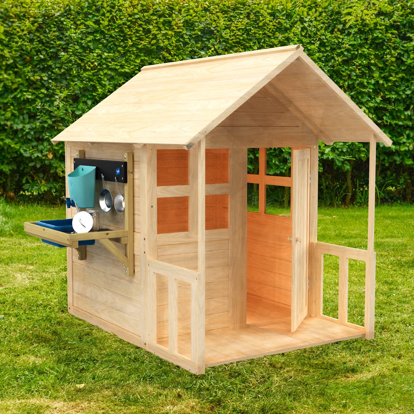 Maisonnette Avec Plancher, Véranda Et Cuisine Bouton D'or Cottage Bois Fsc® Marron - Bleu