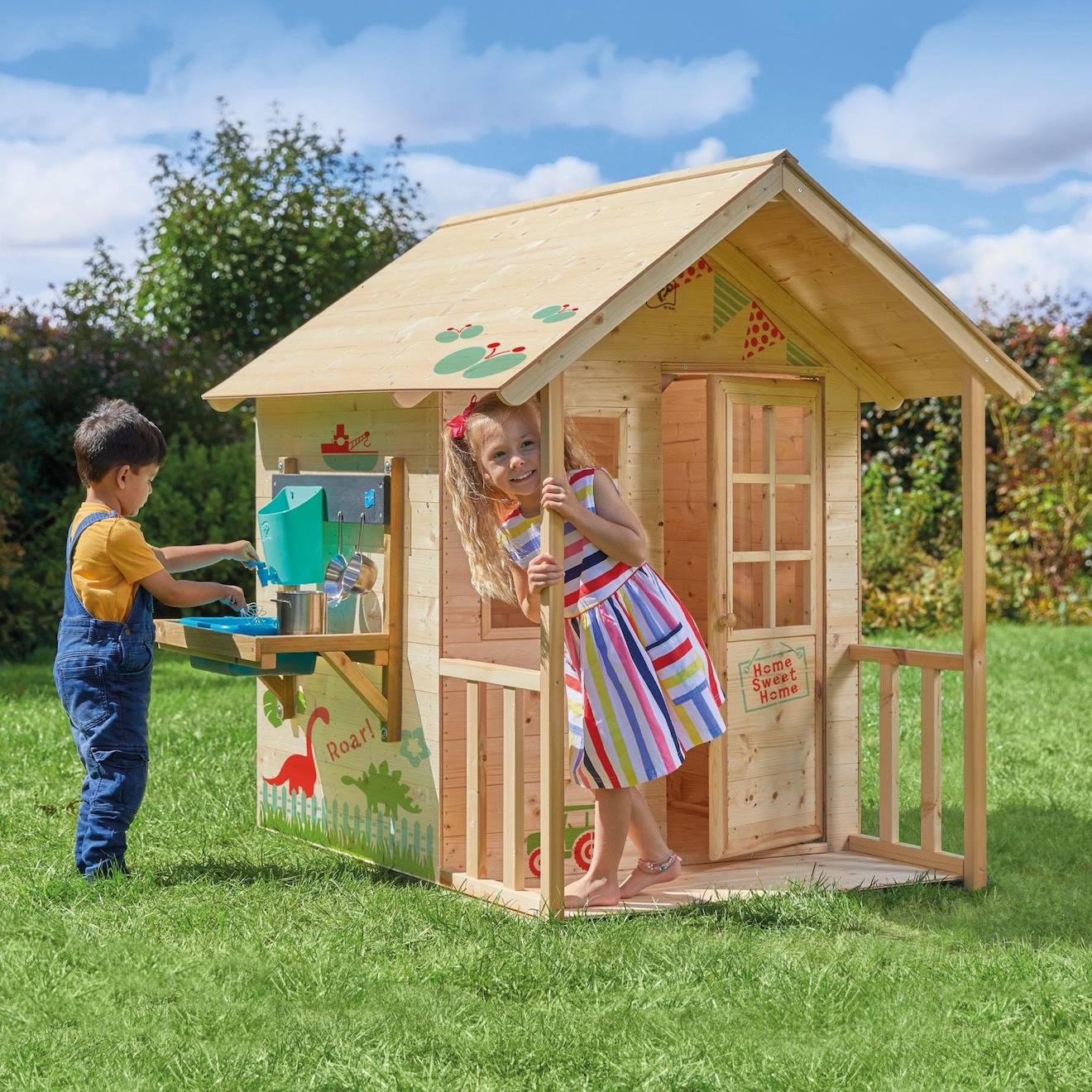 Maisonnette Cabane Enfant Chalet + Cuisine Extérieure Prairie Bois Fsc® Marron - Bleu - Noir