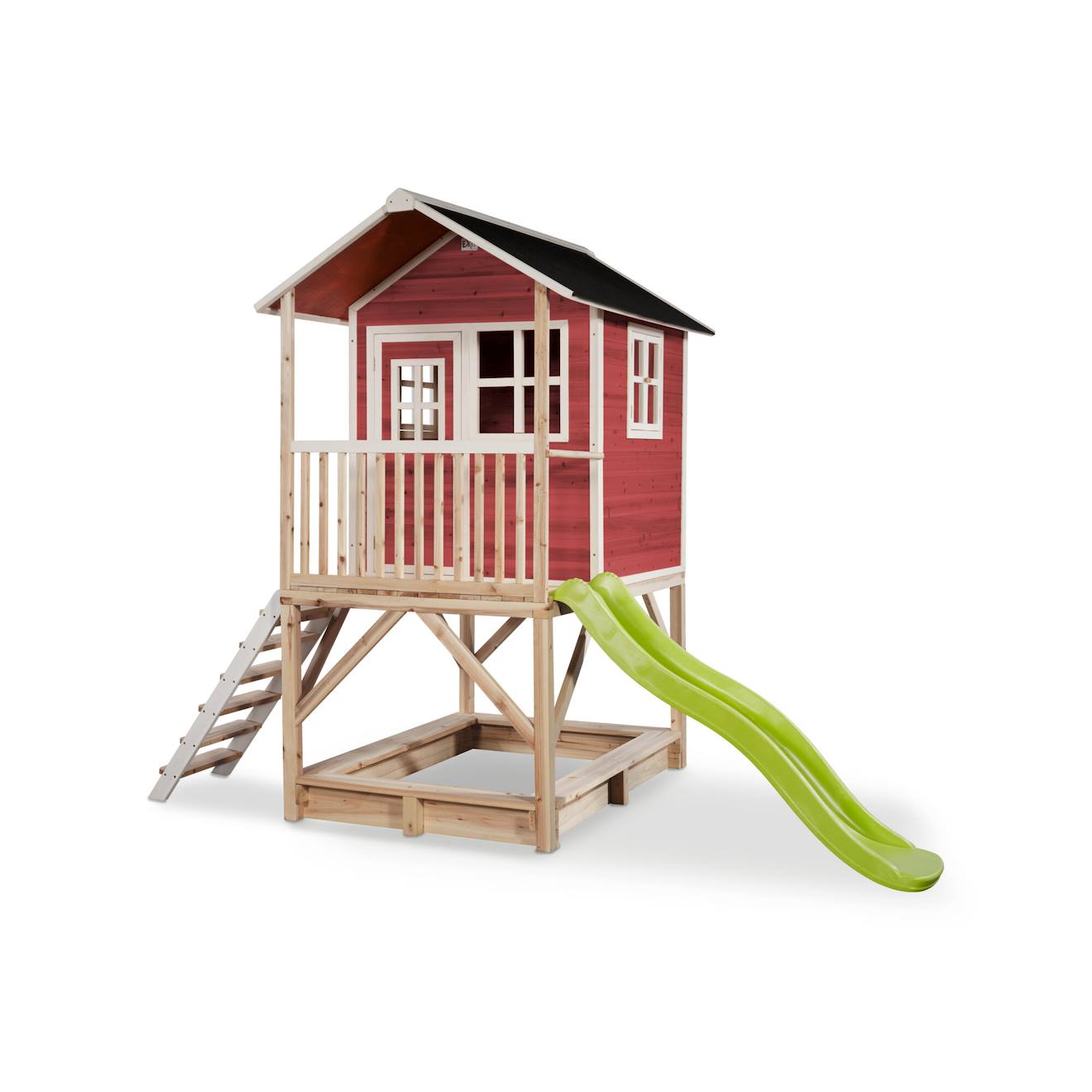 Maisonnette En Bois Sur Pilotis Avec Bac À Sable Et Toboggan Rouge