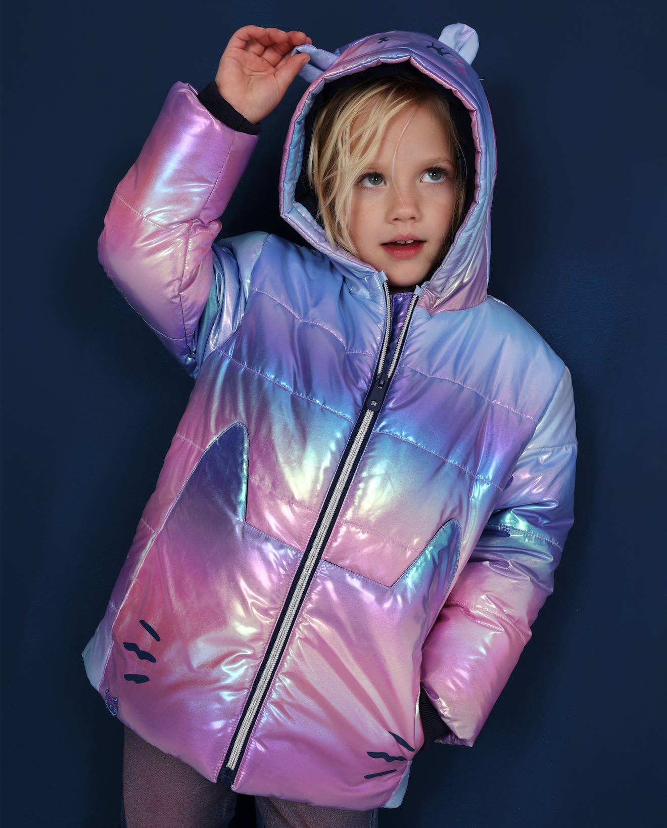 Manteau Fille Holographique Avec Capuche À Oreilles Bleu