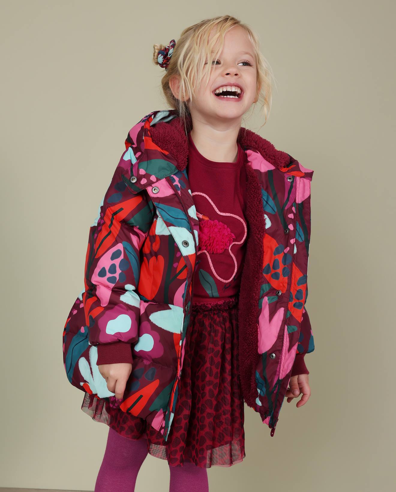 Manteau Fille Matelassé À Imprimé Floral Et Doublure Sherpa Rouge