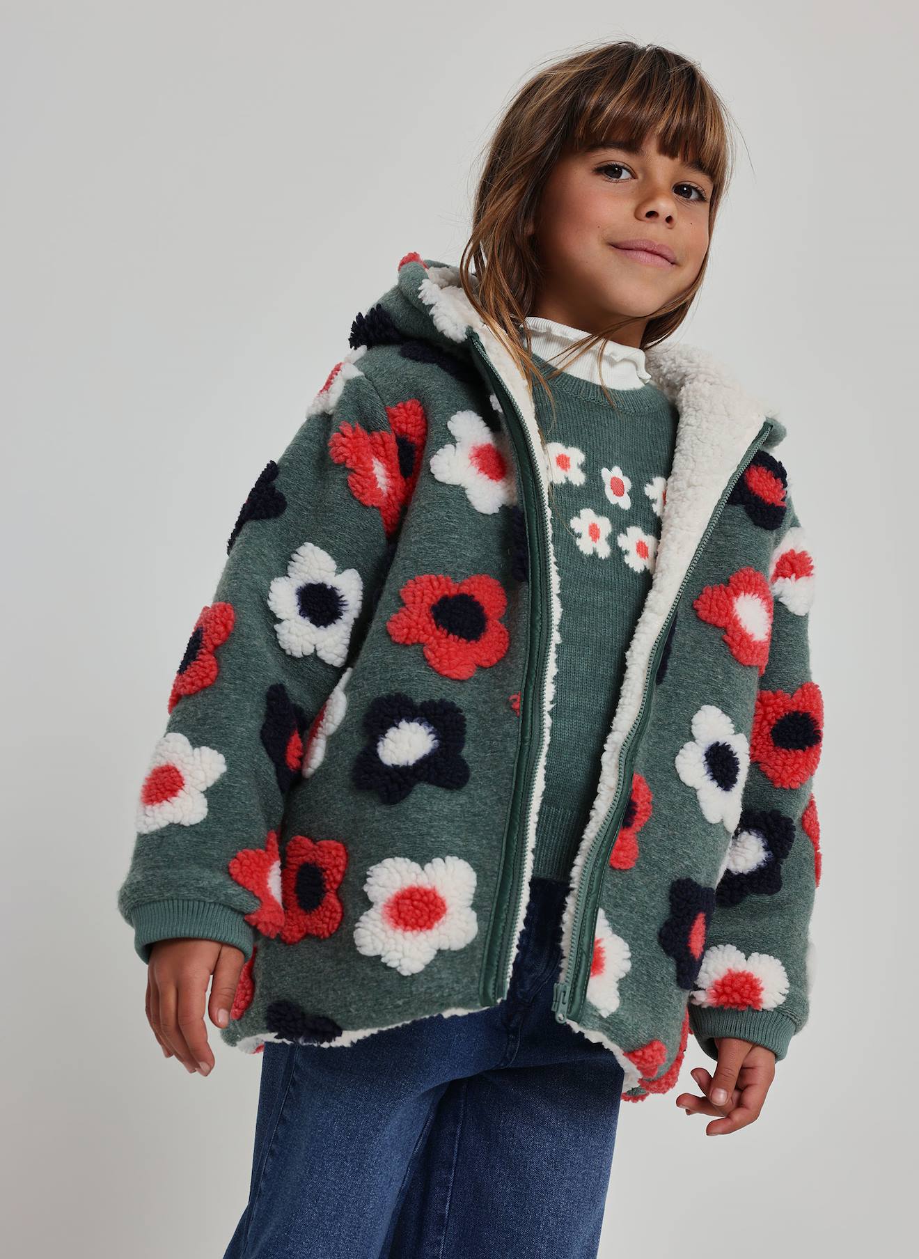 Manteau Fille Molleton Imprimé Fleurs Vert
