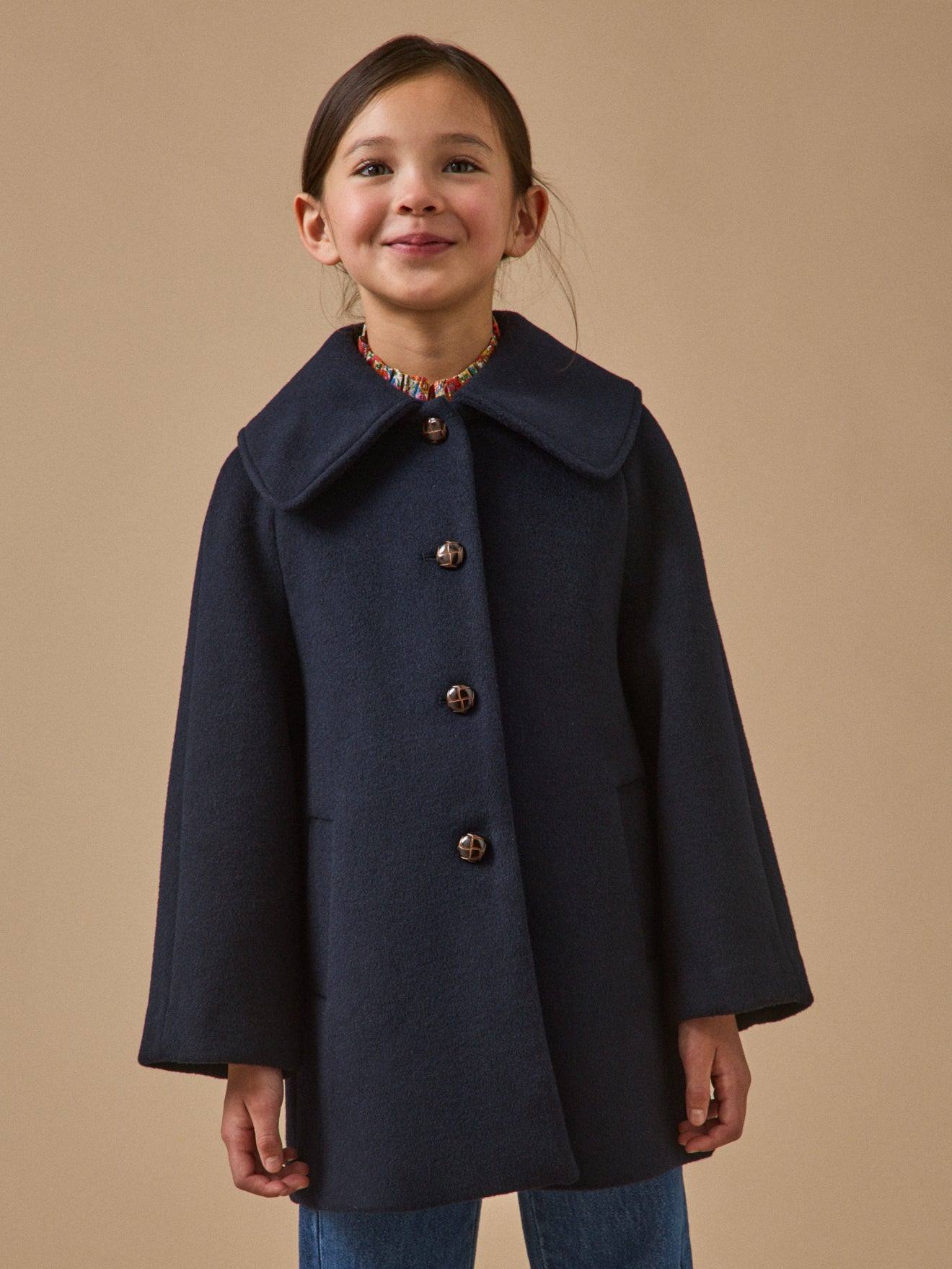 Manteau Laine Grand Col Fille Marine