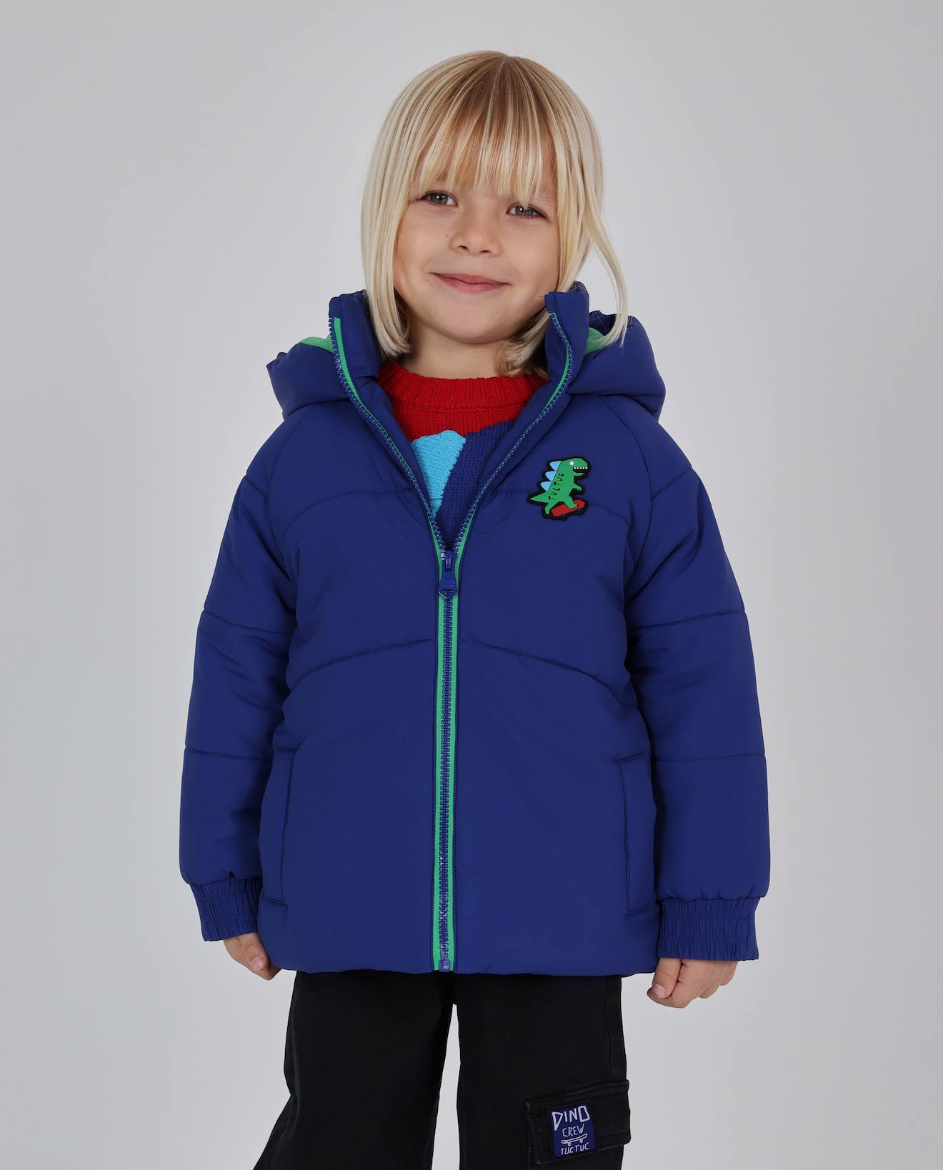 Manteau Matelassé Garçon À Capuche Avec Écusson Dinosaure Bleu