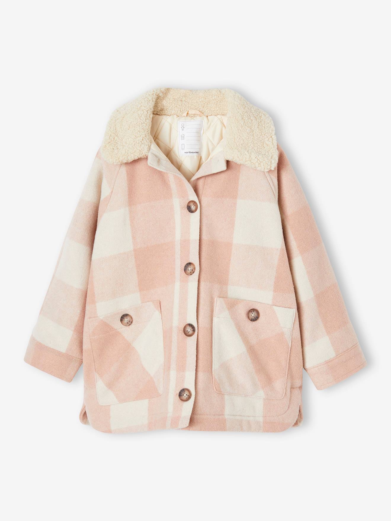 Manteau style surchemise en lainage à carreaux fille carreaux rose