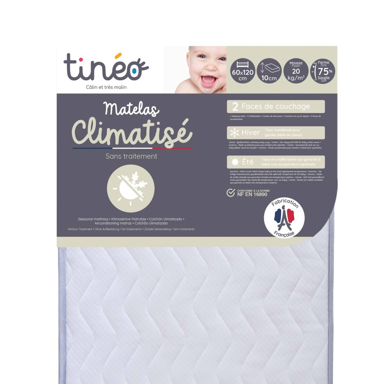Matelas Bébé Climatisé Sans Traitement - 2 Faces Ete/hiver Blanc