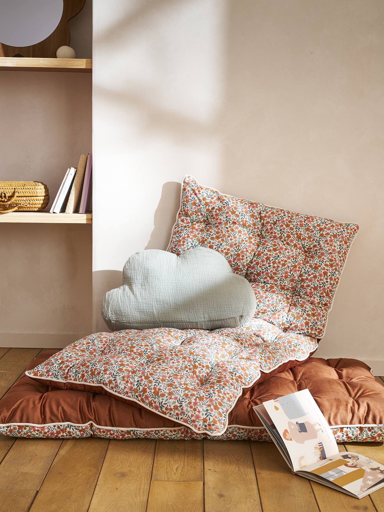 Matelas de sol bi-matière fleurs/velours RETRO FLOWER cannelle