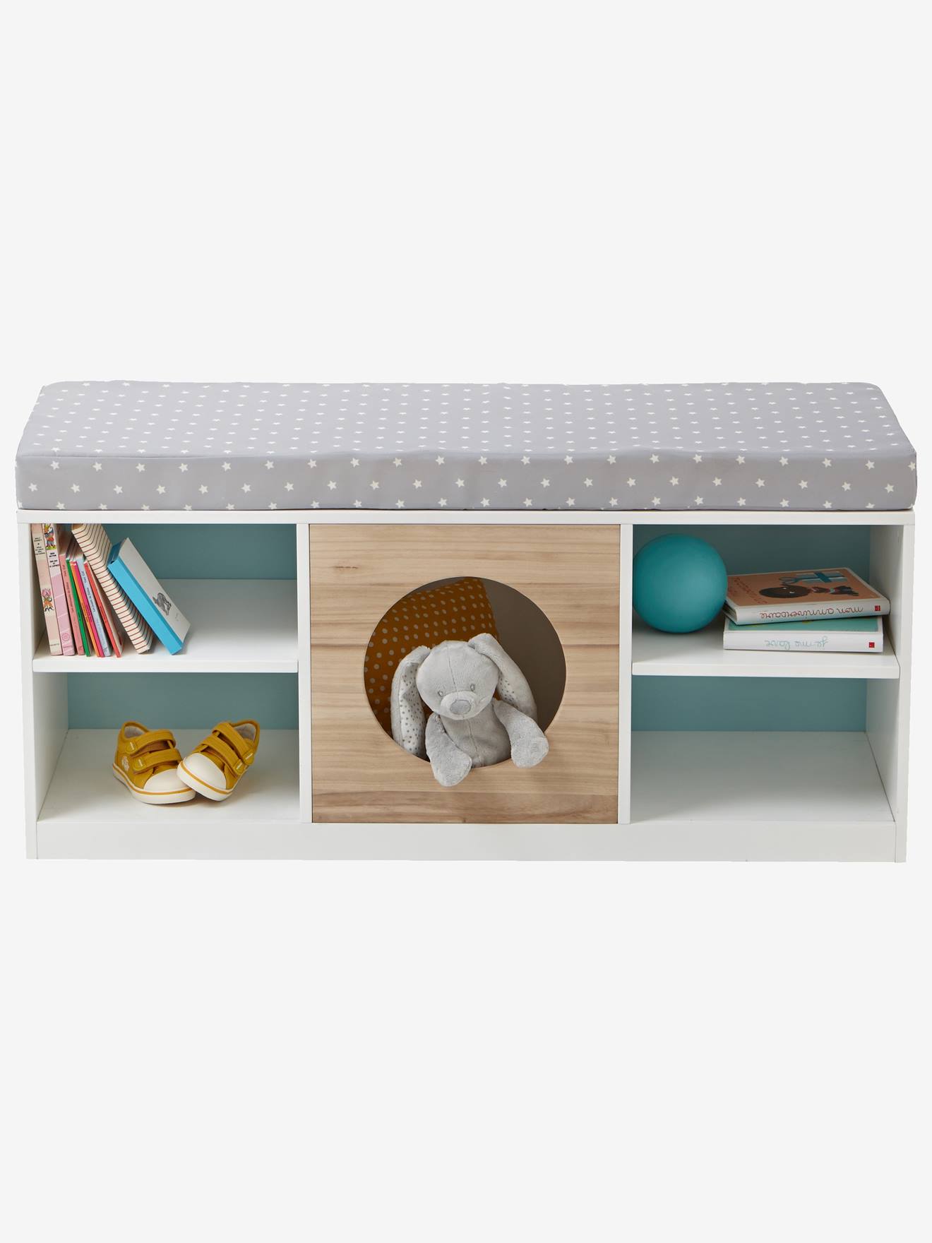 Meuble 2 en 1 rangement + banquette Hublot blanc/bois