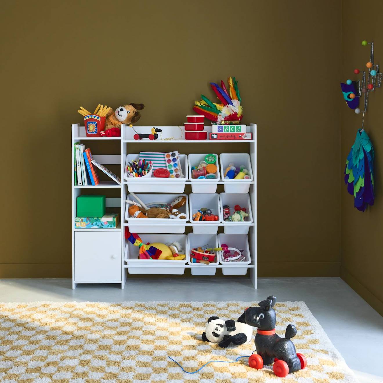 Meuble De Rangement Enfant 9 Bacs De Rangement, 4 Étagères, 1 Porte Blanc