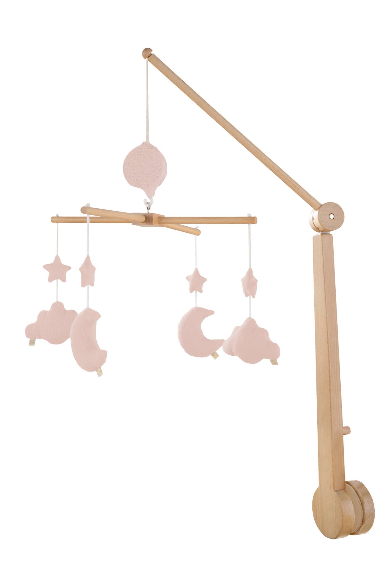 Mobile Musical Bébé En Bois Avec 4 Jouets - Uni Vanilla Rose