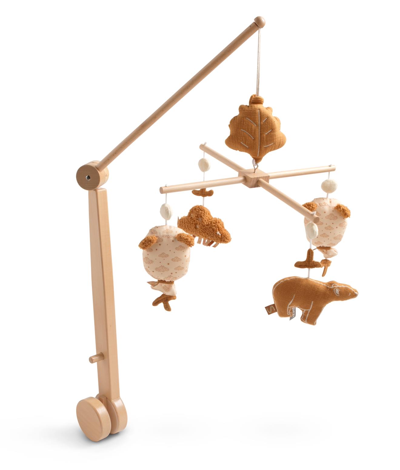 Mobile Musical En Bois Avec Jouets Ours En Gaze De Coton - Orsino Marron