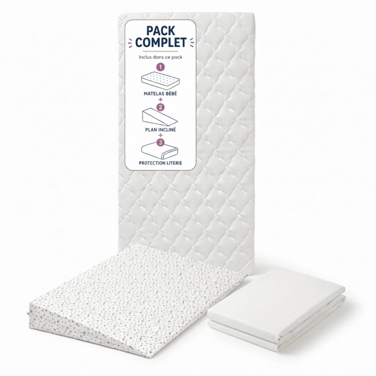 Pack Matelas Bébé 60x120 + Plan Incliné Étoiles Dorées + Protège-matelas - Déhoussable Et Sain Blanc