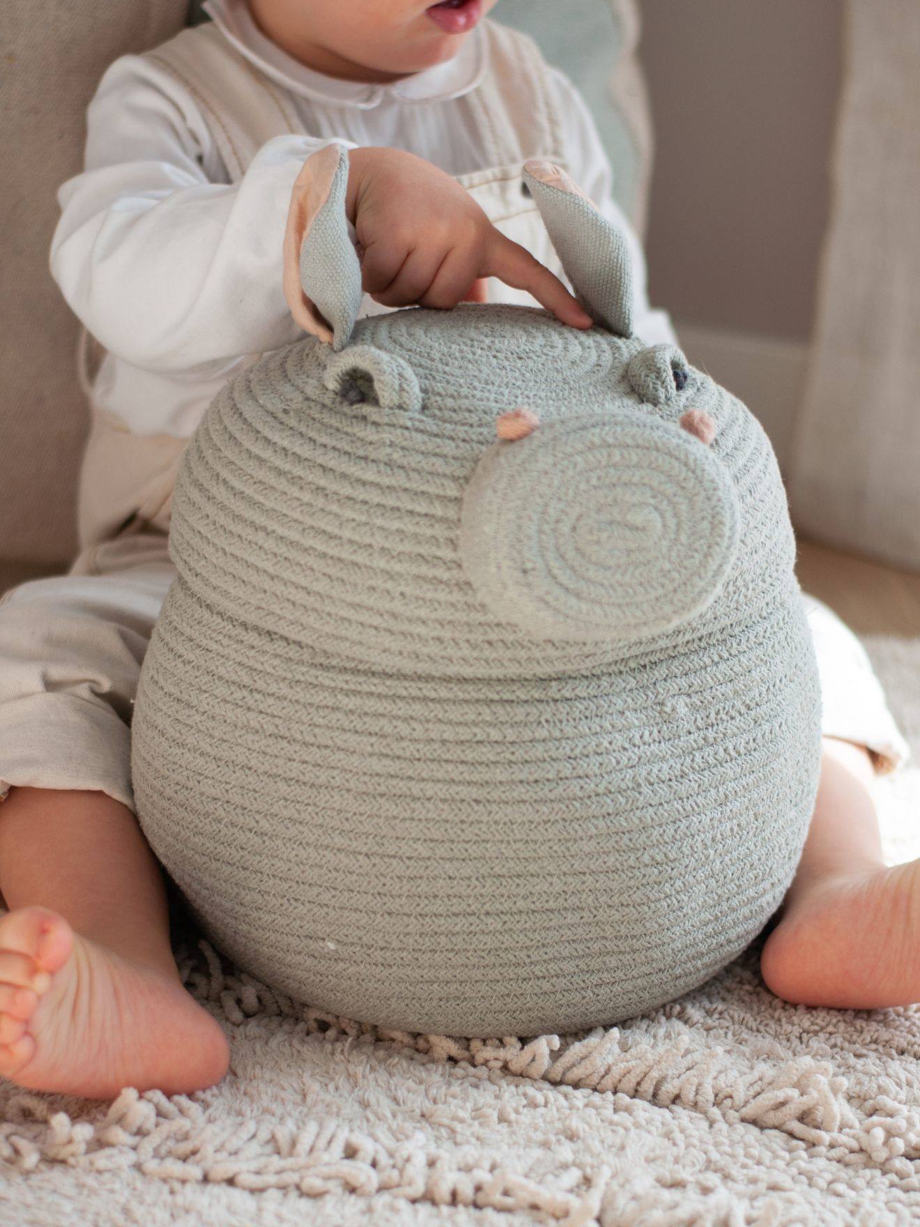 Panier Henry L’hippopotame Bleu Sauge, Rose, Gris Foncé