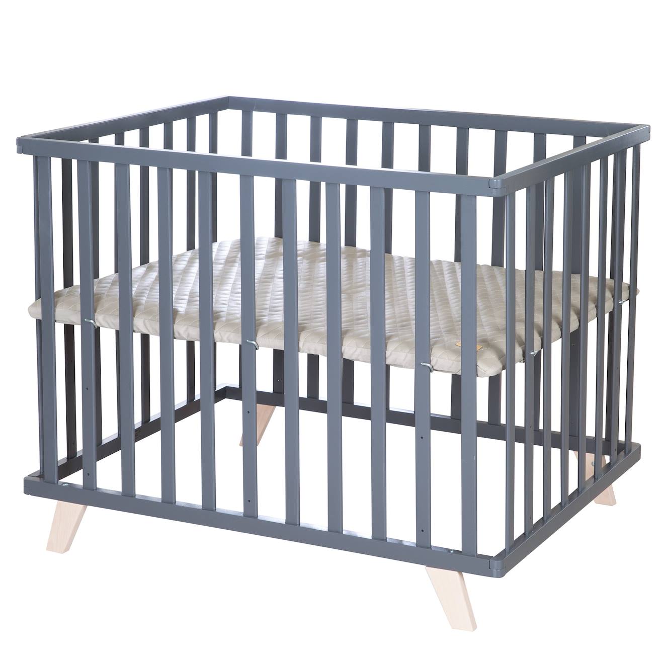 Parc Bébé En Bois Avec Tapis Déperlant En Cuir Végan Luxe Anthracite - Grège
