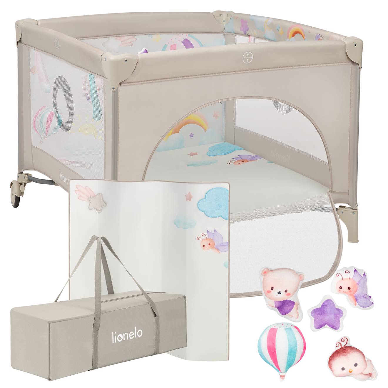 Parc Bébé Mille 100 X 100 Cm Avec Matelas Haute Densité, Roulettes Et Jouets À Velcro Grey Beige