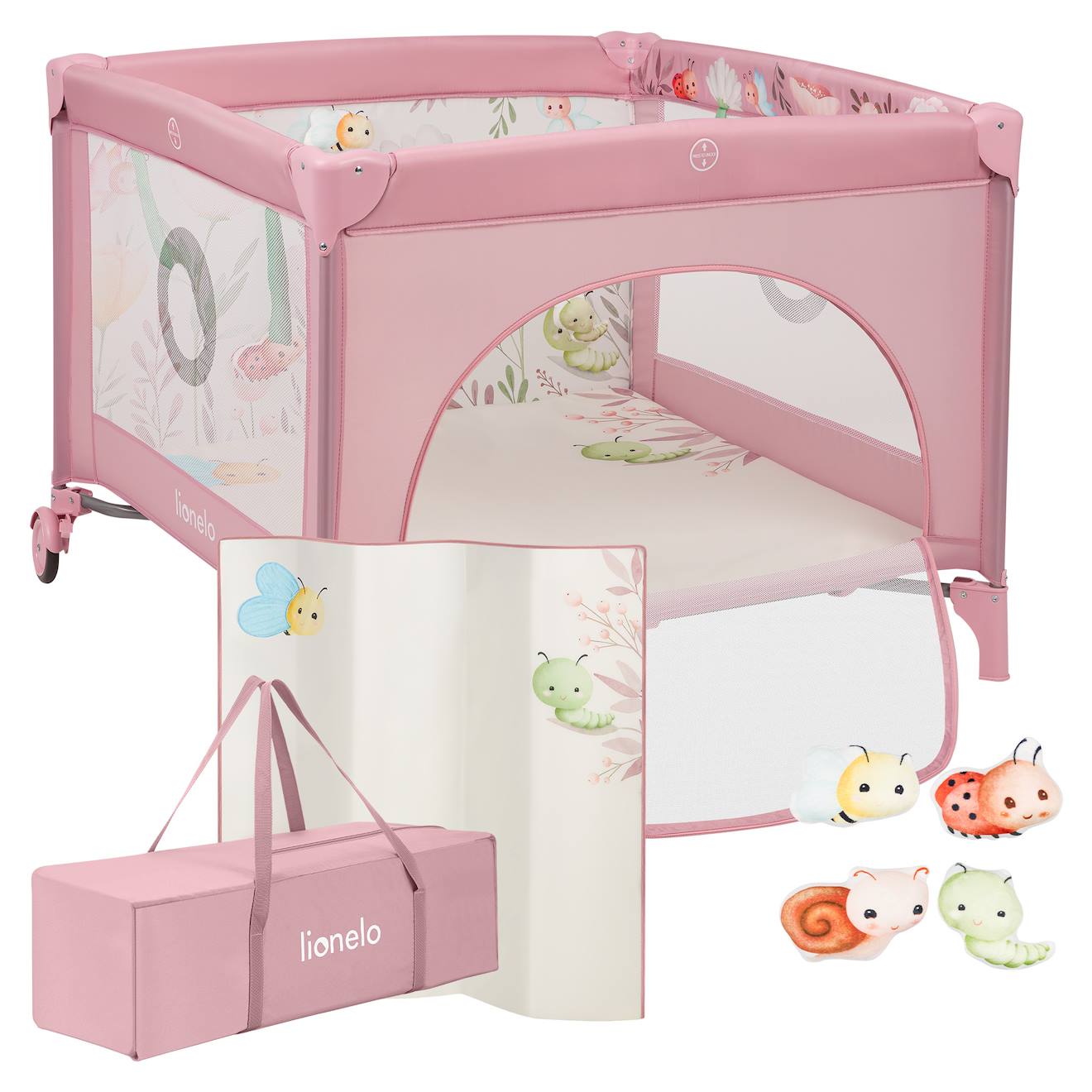 Parc Bébé Mille 100 X 100 Cm Avec Matelas Haute Densité, Roulettes Et Jouets À Velcro Pink