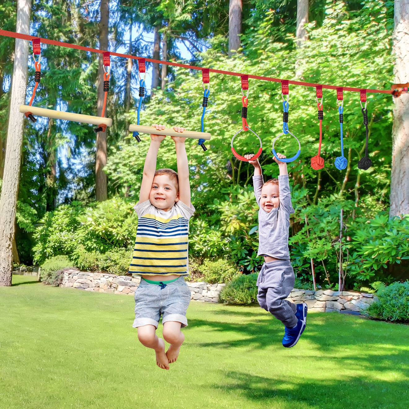 Parcours D'obstacles Ninja Enfant - 30 Accessoires, 10 M De Slackline - Sac De Transport Rouge