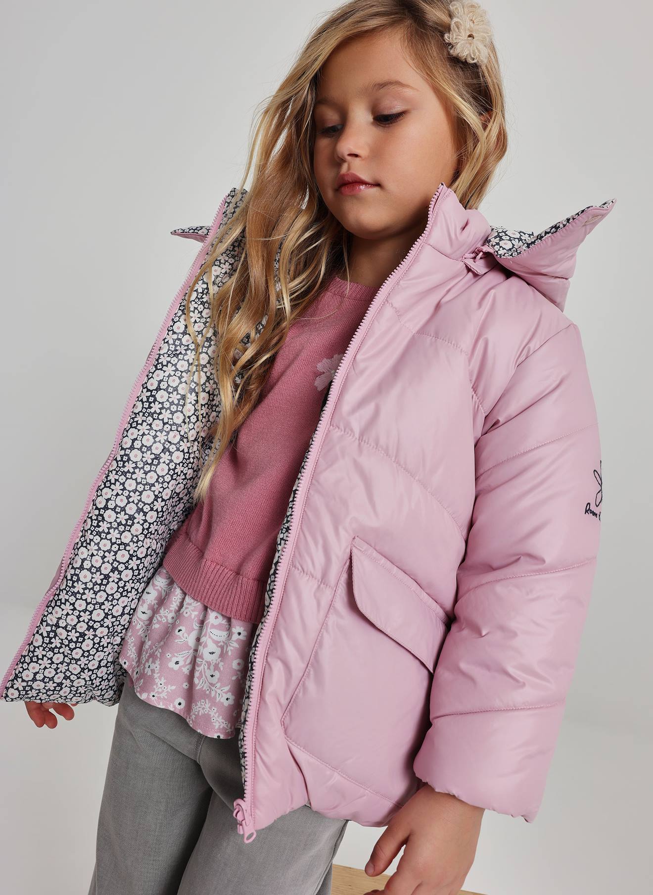 Parka Fille Tissu Technique Réversible Fleurs Rose