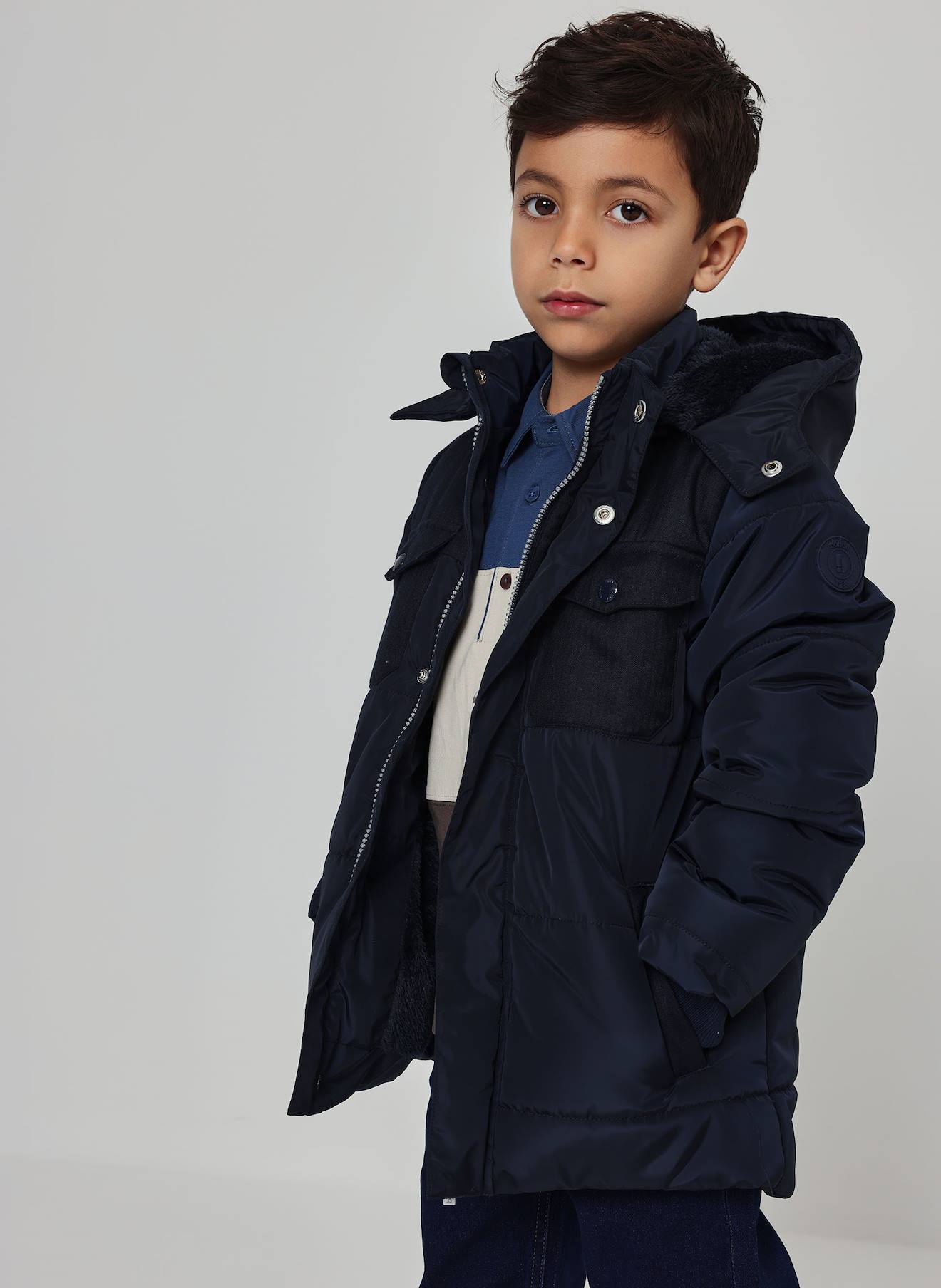 Parka Garçon En Tissu Technique À Capuche Bleu