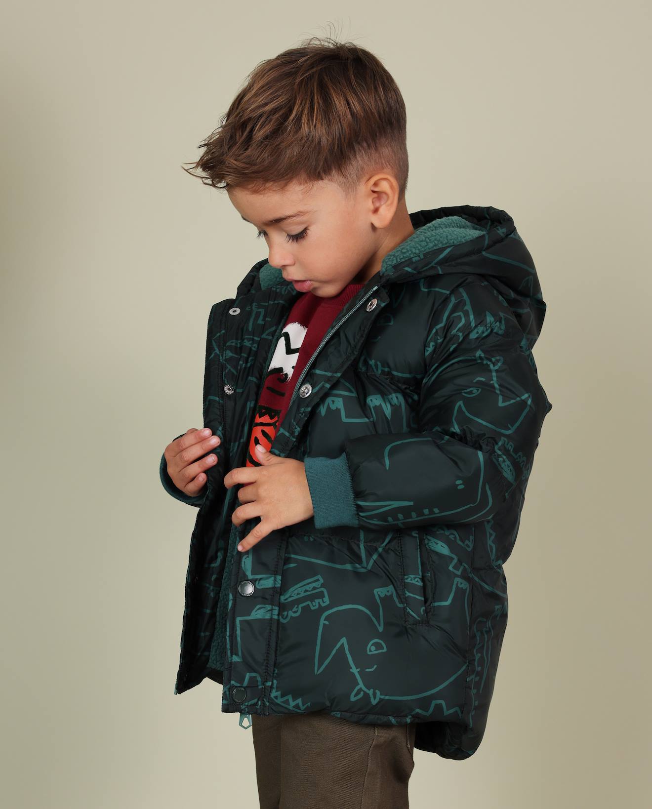 Parka Garçon Imprimé Rhinocéros Avec Doublure Douce Vert