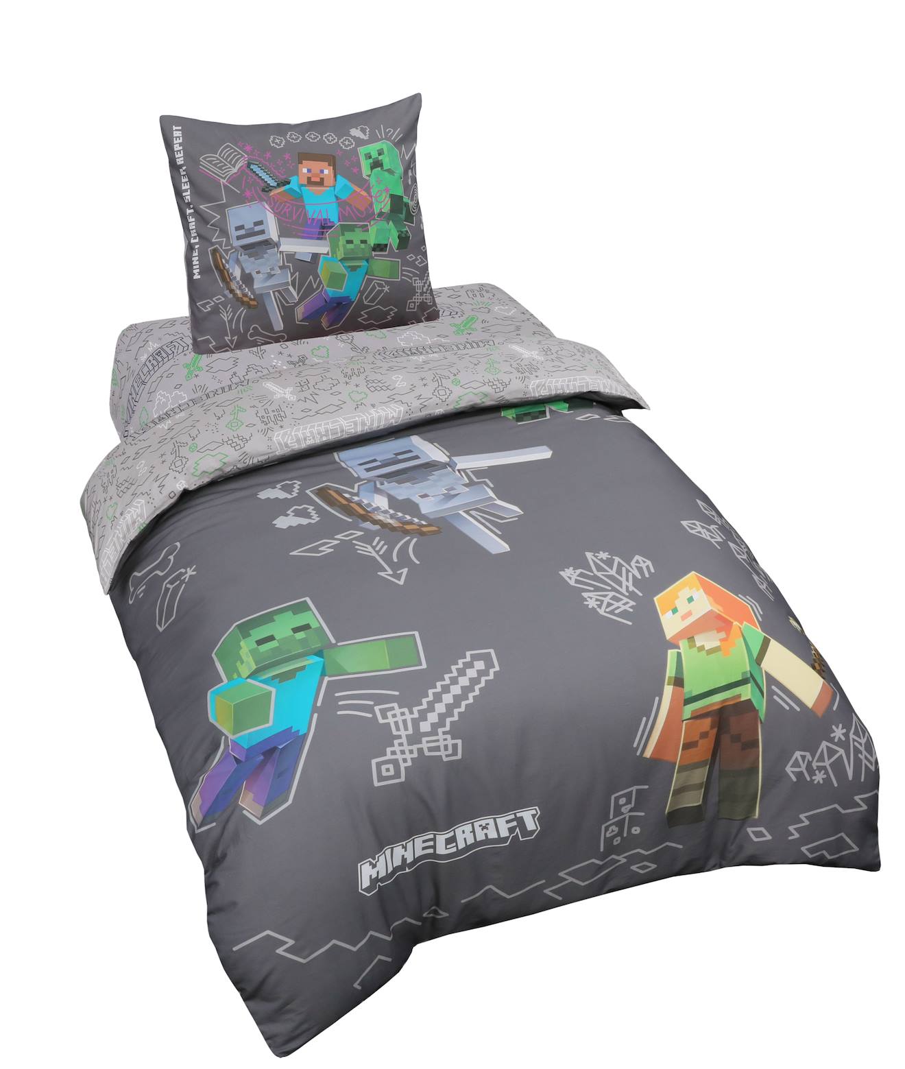 Parure De Lit Réversible - 100 % Coton Avec Fermeture Éclair Gris - Motif Minecraft