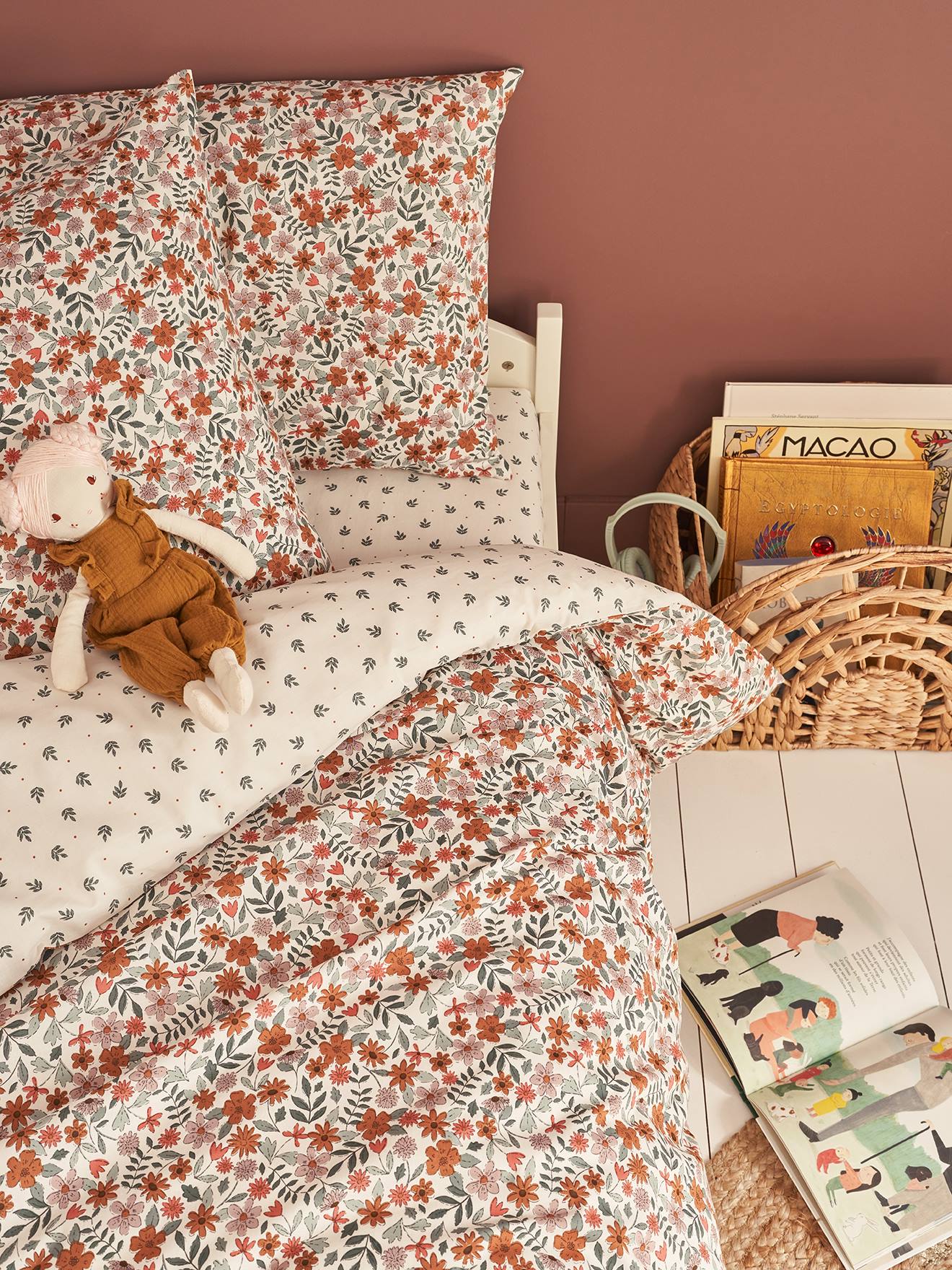 Parure housse de couette + taie d'oreiller enfant réversible RETRO FLOWERS, avec coton recyclé multicolore
