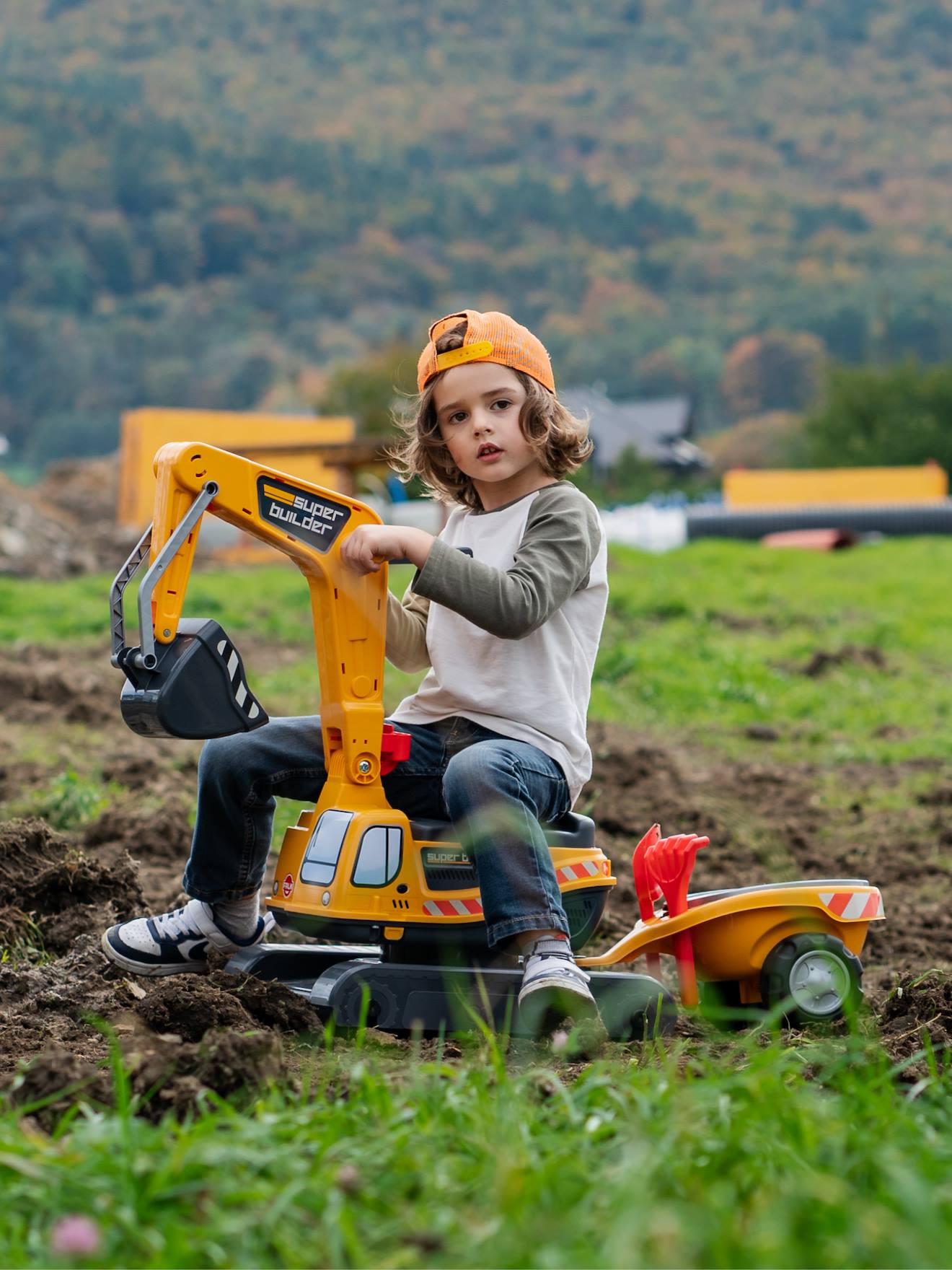 Pelleteuse Super Builder Entièrement Articulée Avec Remorque Avec Tamis Et Jeux De Sable Jaune