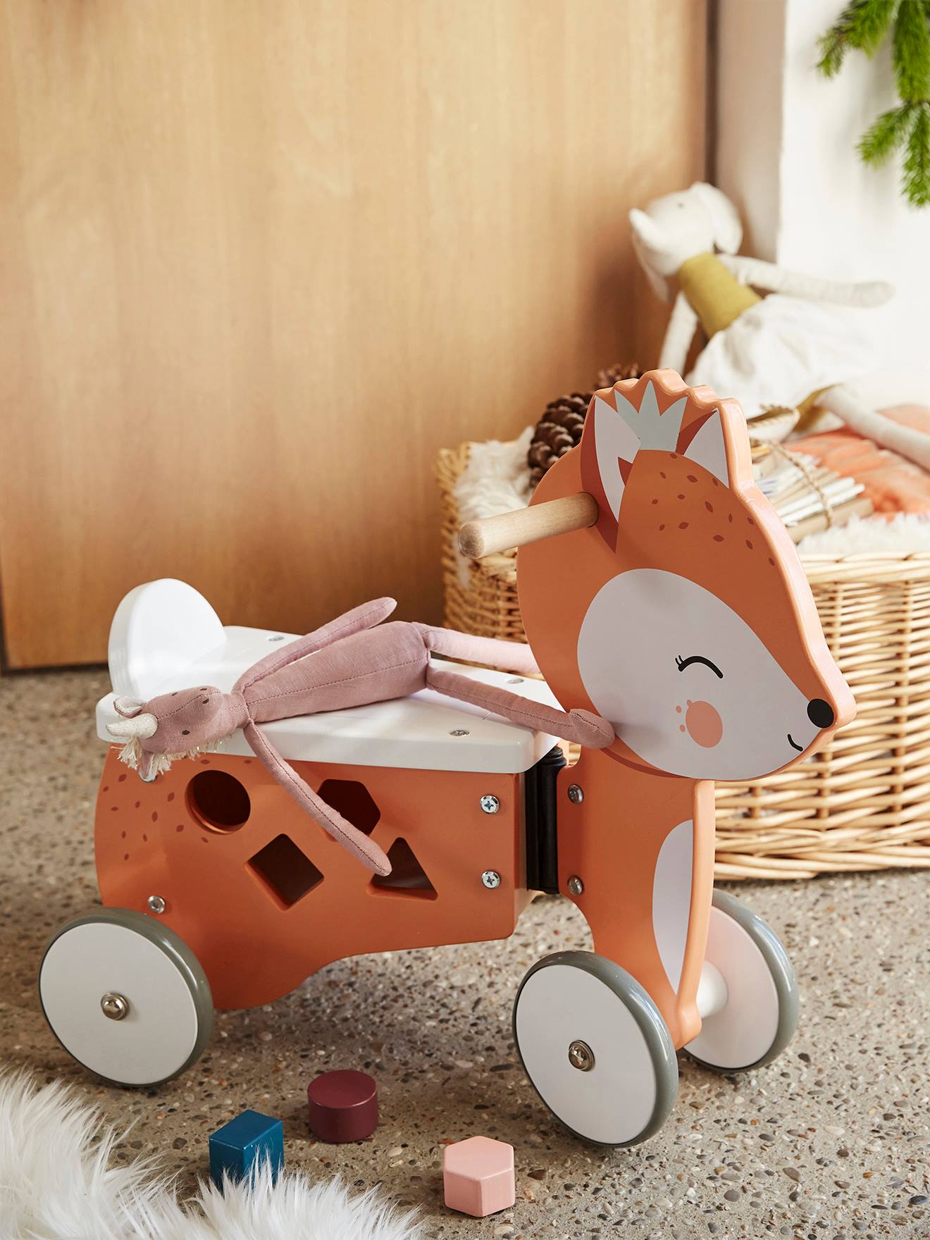Porteur coffre renard en bois FSC marron moyen uni avec decor