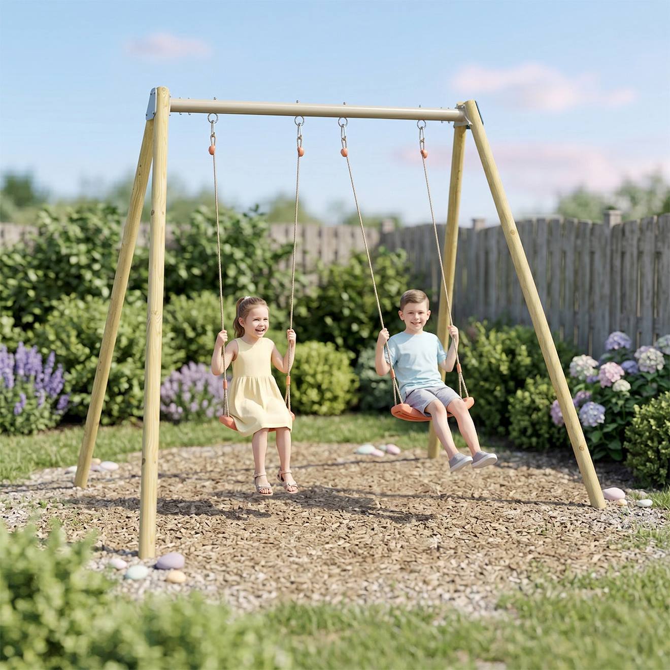 Portique Balançoire Double Techwood Harmonie Doublo 2 - Pour 2 Enfants Bleu/corail