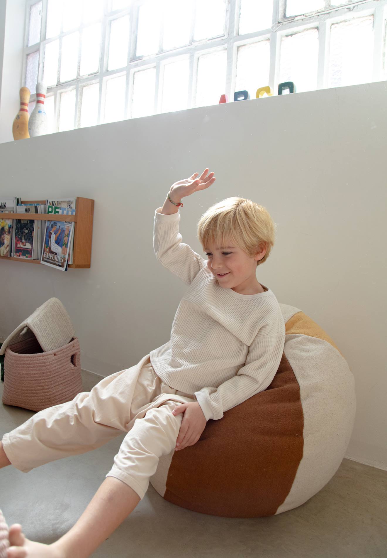 Pouf Enfant En Coton Ball Naturel, Bleu Vintage, Miel, T