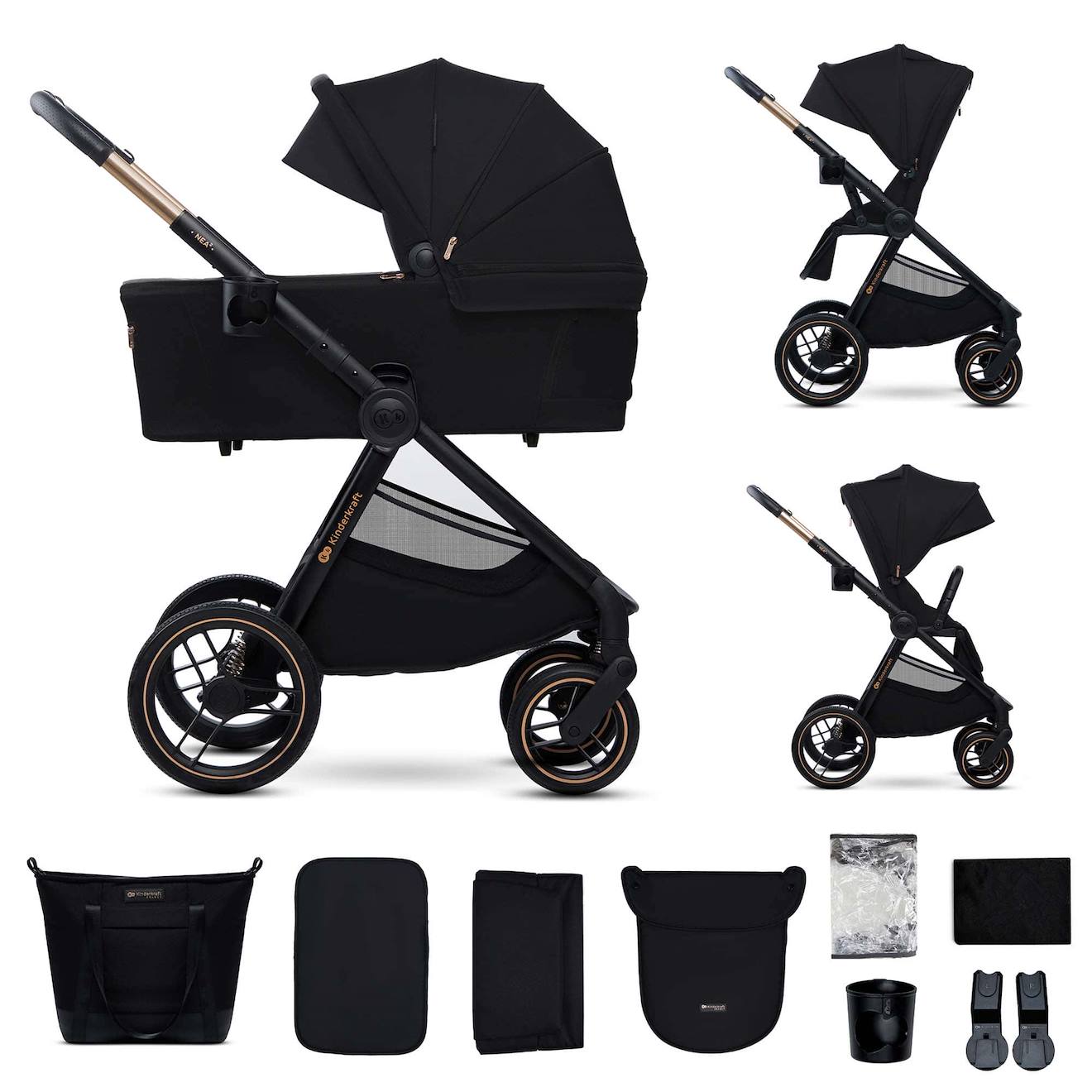 Poussette 2 En 1 Kinderkraft Nea 2 Avec Nacelle Spacieuse, Roues Amorties, Siège Réversible Et Pliage Compact Noir