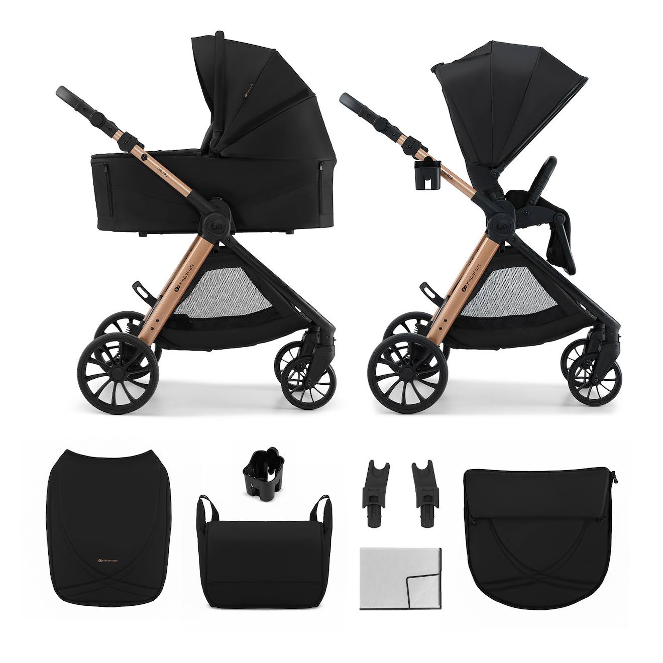 Poussette 2 En 1 Kinderkraft Vesto 2 Memory Buttons, Nacelle Ventilée 3 Zones, Pliage Avec Siège, Éco?cuir, Accessoires Inclus Noir