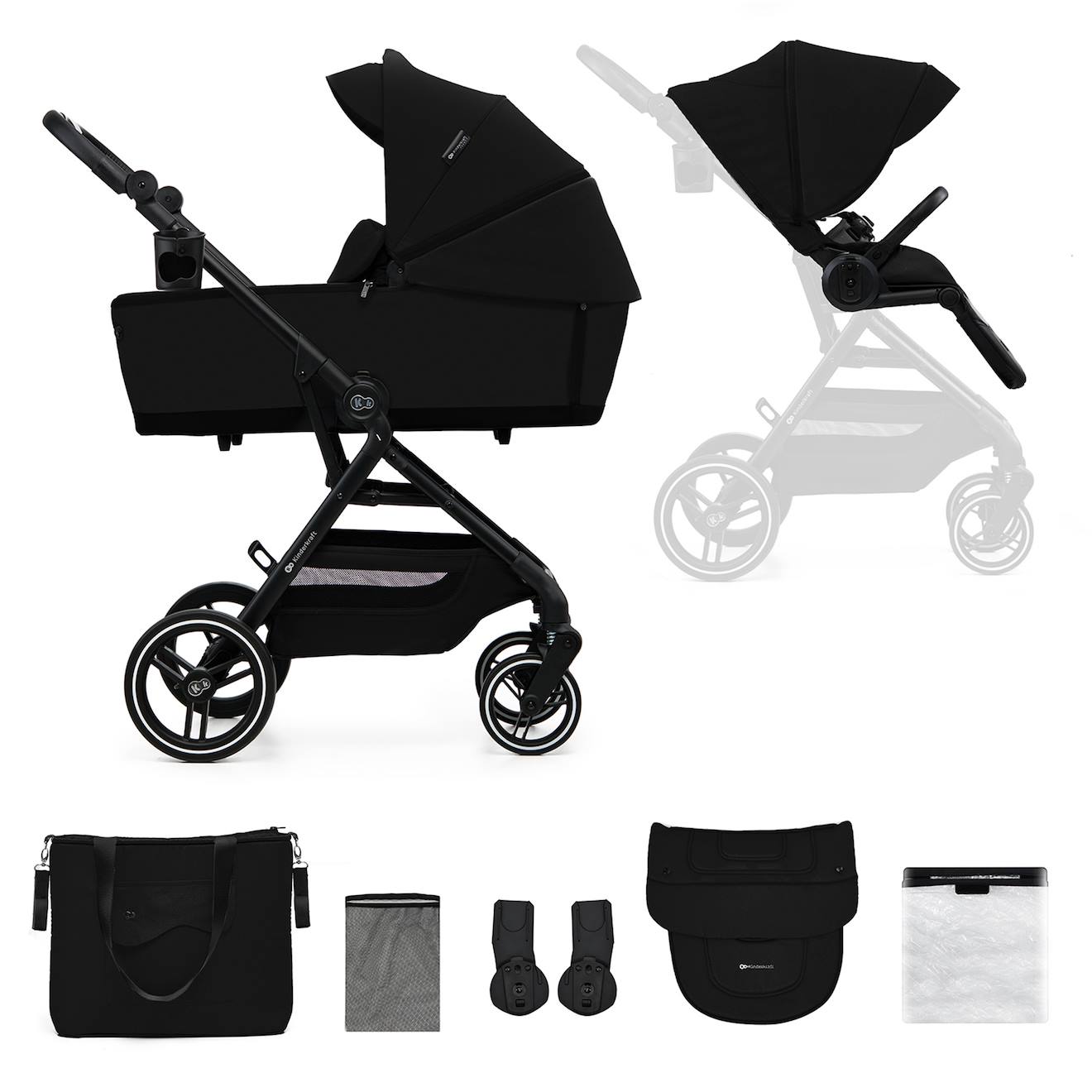 Poussette 2 En 1 Kinderkraft Yoxi Avec Nacelle Pliable, Siège Réversible, Roues Increvables Et Upf50+ Noir