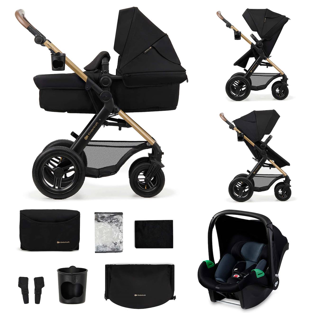 Poussette 3 En 1 Kinderkraft Moov 2 Air Avec Siège 2 En 1 Transformable, Roues Gonflables Et Mink Pro I-size Inclus Noir