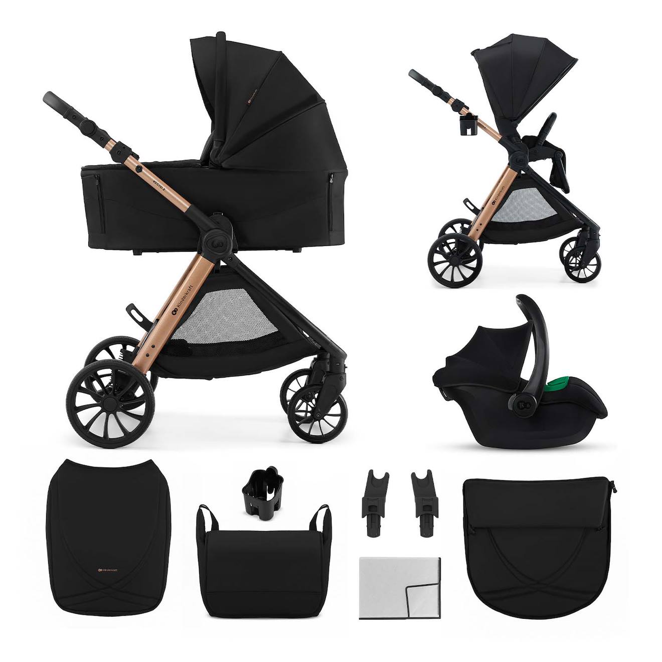 Poussette 3 En 1 Kinderkraft Vesto 2 Système De Voyage, Siège Auto Mink Pro 2, Assise Réversible, Suspension 4 Roues Noir