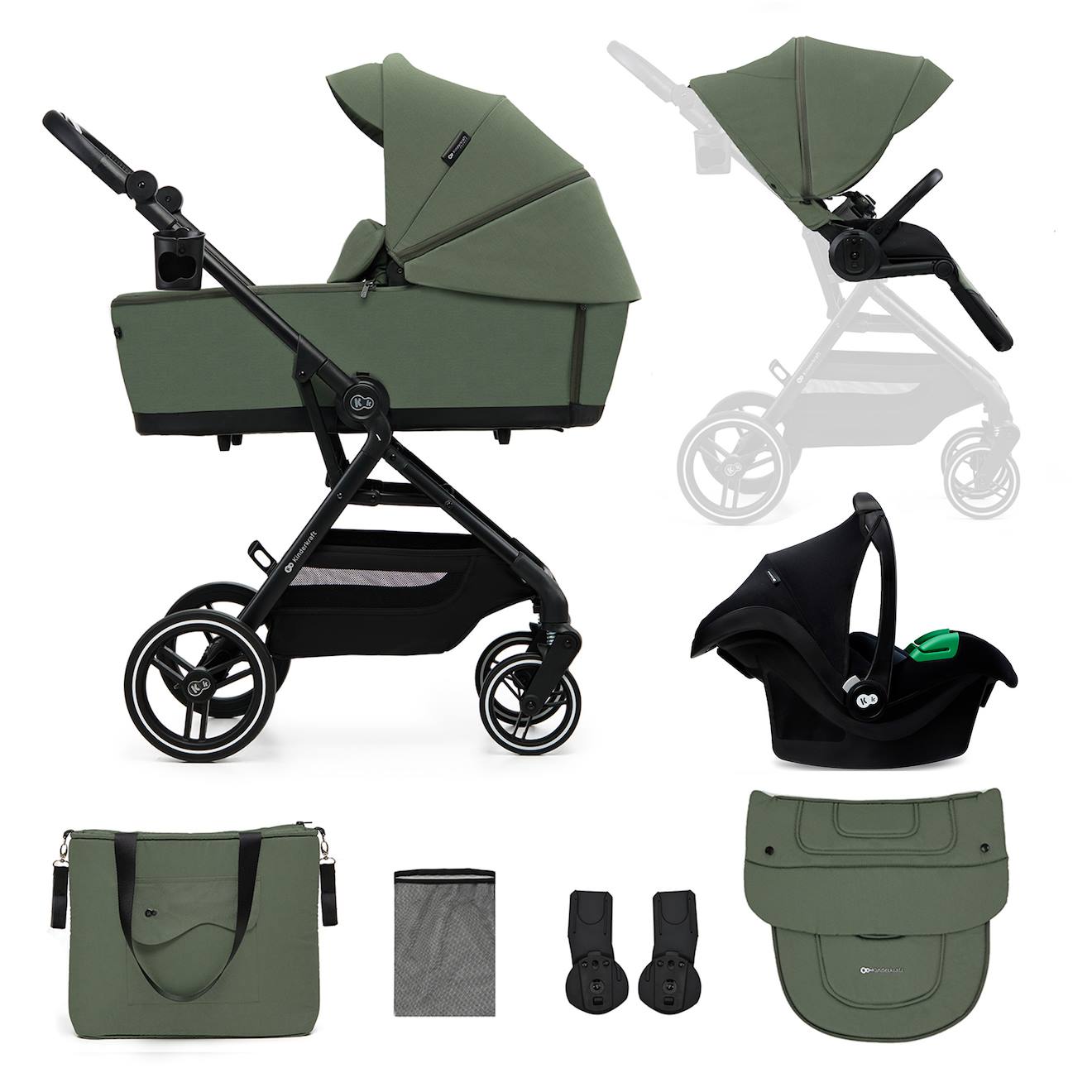 Poussette 3 En 1 Kinderkraft Yoxi Avec Nacelle Transformable, Siège Réversible, Mink Pro I-size Et Roues Increvables Vert