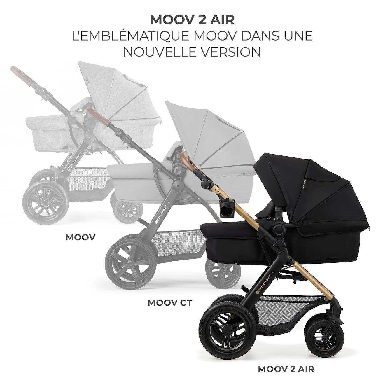 Poussette 4 En 1 Kinderkraft Moov 2 Air Avec Siège 2 En 1 Transformable, Roues Gonflables Et Travel System Noir