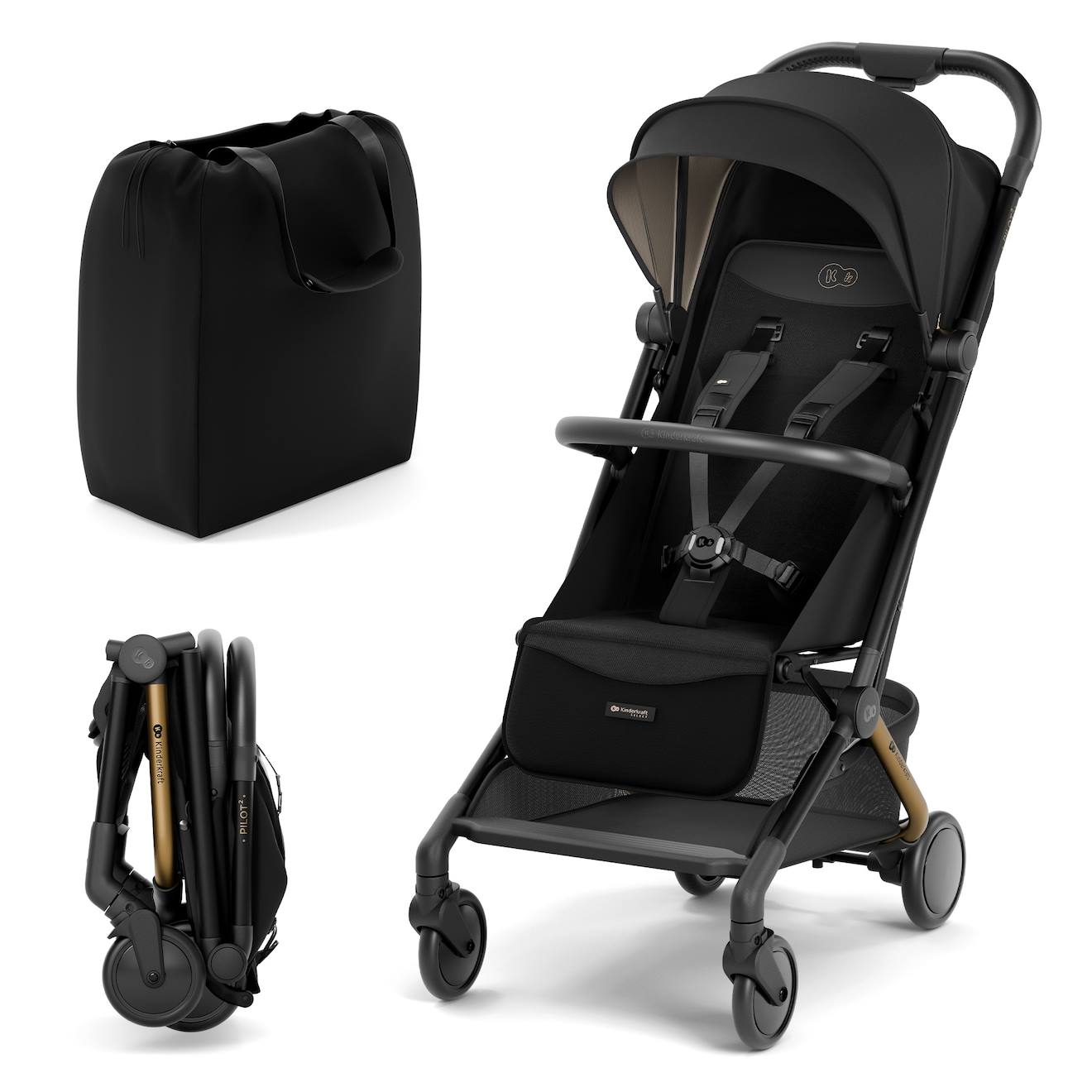 Poussette Cabine Kinderkraft Pilot 2 Avec Pliage À Une Main, Position Allongée, Harnais Magnétique Et Upf50+ Noir