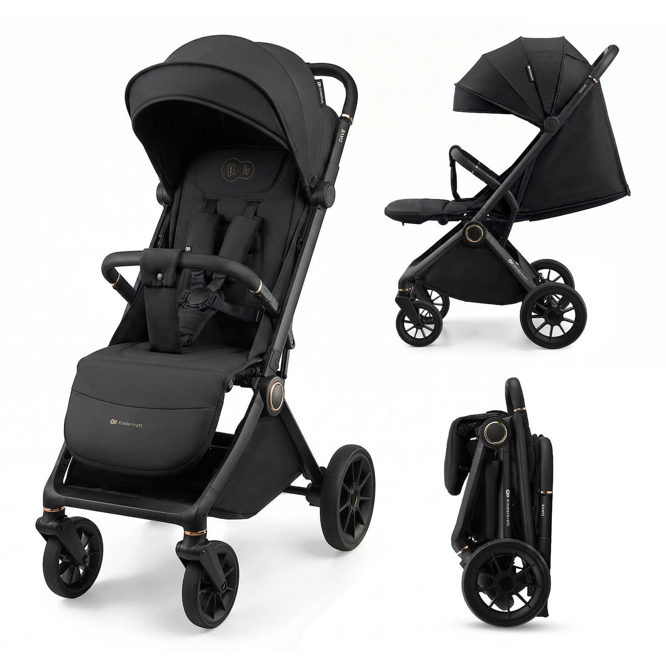 Poussette Dave Pliage Automatique À Une Main, Surface De Couchage 93 Cm, Harnais Magnétique 22 Kg Légère Noir