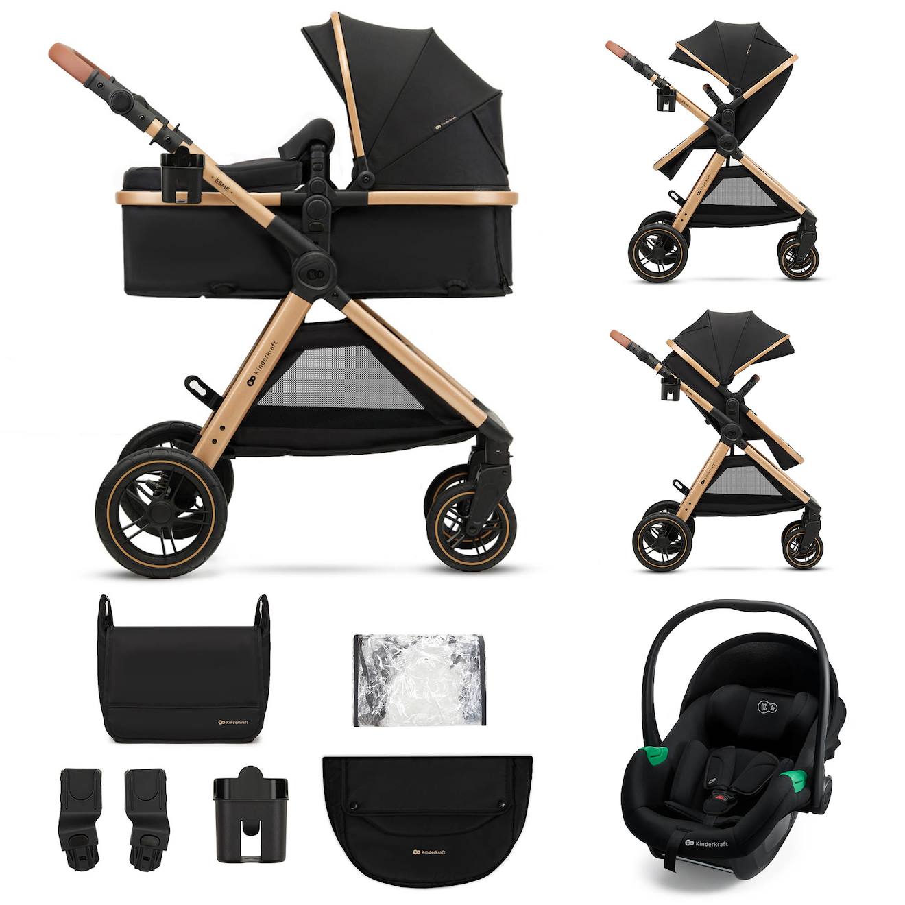 Poussette Esme Pro 3 En 1 Avec Siège Auto Mink Pro I-size, Travel System, Pliage Compact Et Roues Tpe Amorties Noir
