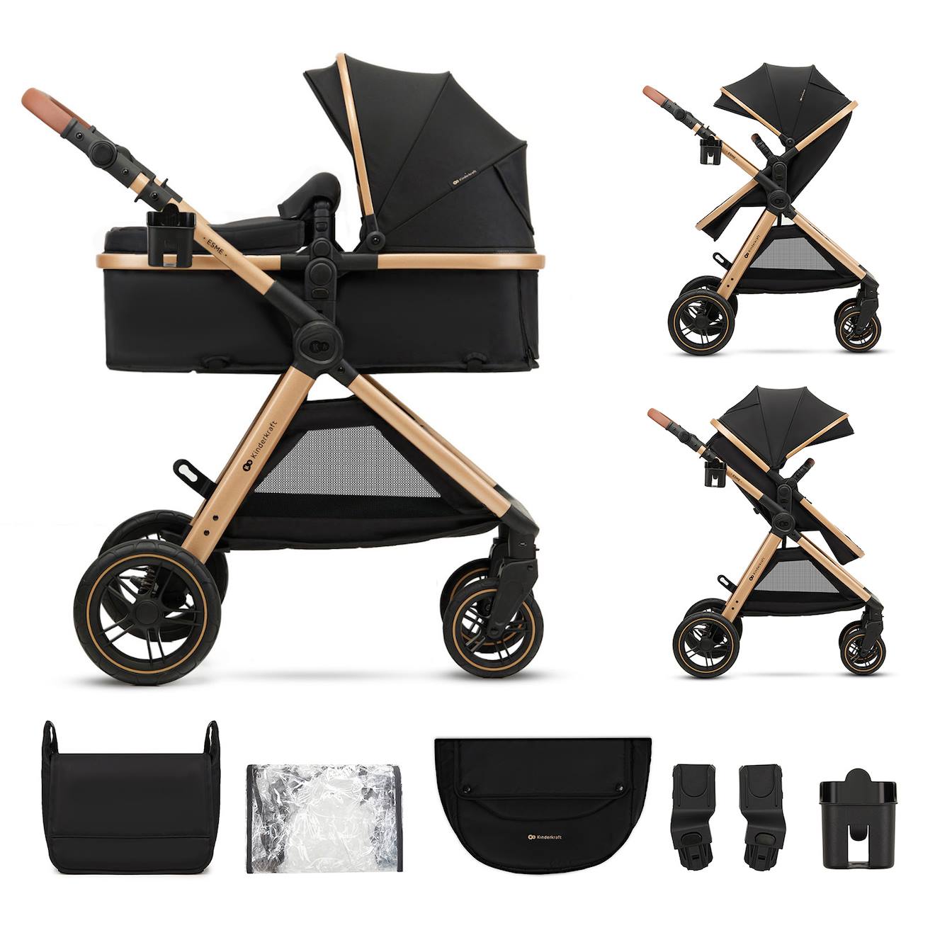 Poussette Multifonction 2 En 1 Esme Avec Grandes Roues, Suspension, Pliage Compact, Transformation Nacelle En Poussette, Harnais 5 Points, Adaptateurs Travel System, Canopy Large, Panier, Jusqu’à 25 Kg . Noir