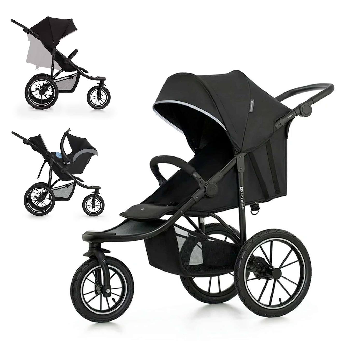 Poussette Tout-terrain Kinderkraft Helsi 2 Avec 3 Roues Gonflables Amorties, Dossier Allongé Et Poignée Réglable Noir