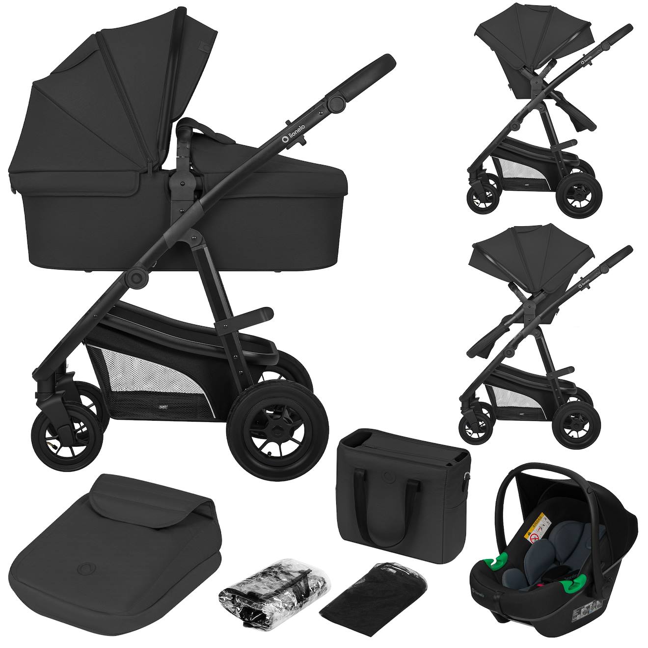 Poussette Trio Lionelo Bianka - Jusqu'à 22kg - Pack Poussette, Nacelle, Siège Auto Et Accessoires Black Onyx