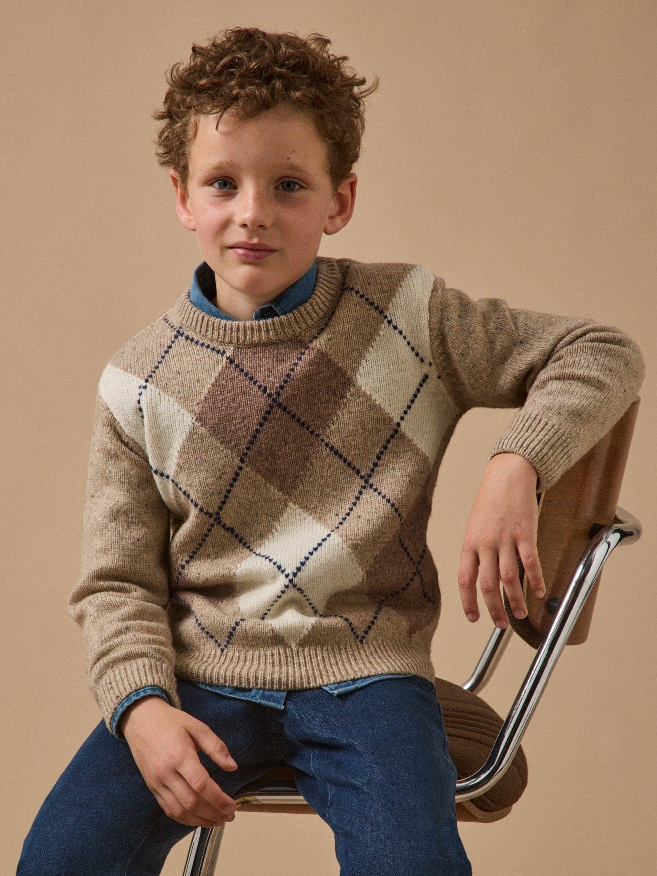 Pull Jacquard Avec Laine Garçon Beige