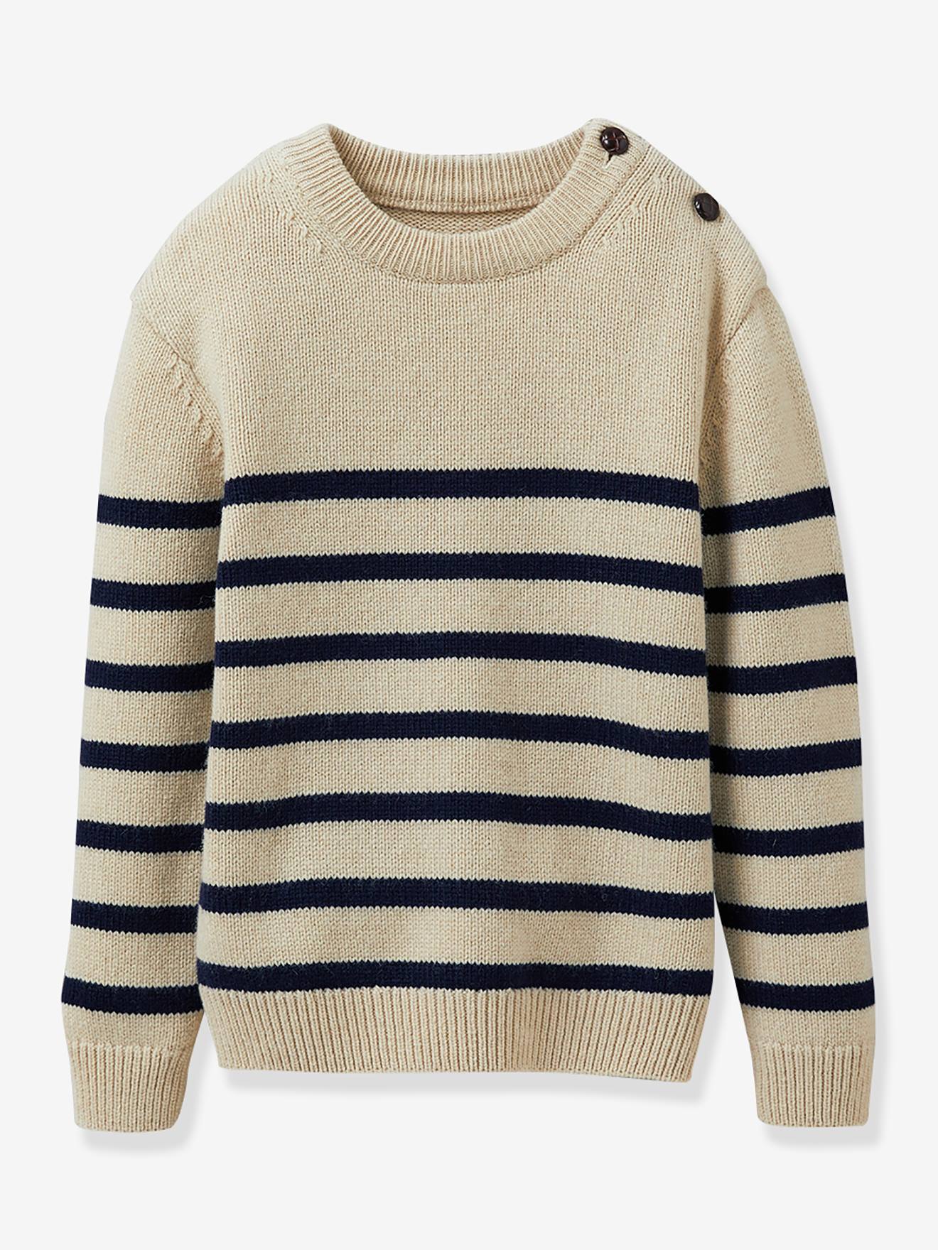 Pull Marinière Garçon En Laine Majoritaire Beige