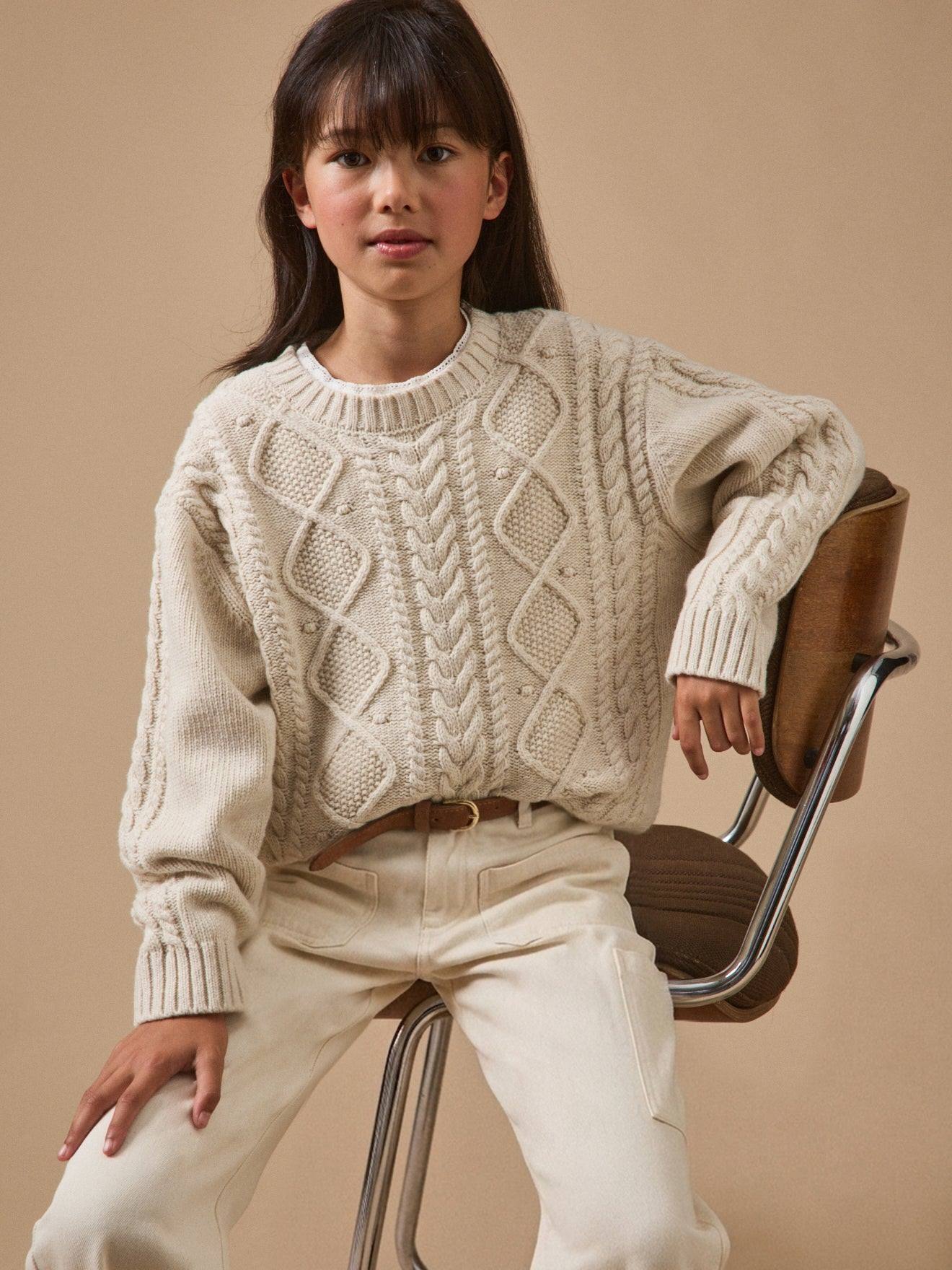 Pull Torsadé Avec Laine Fille Ecru Chine