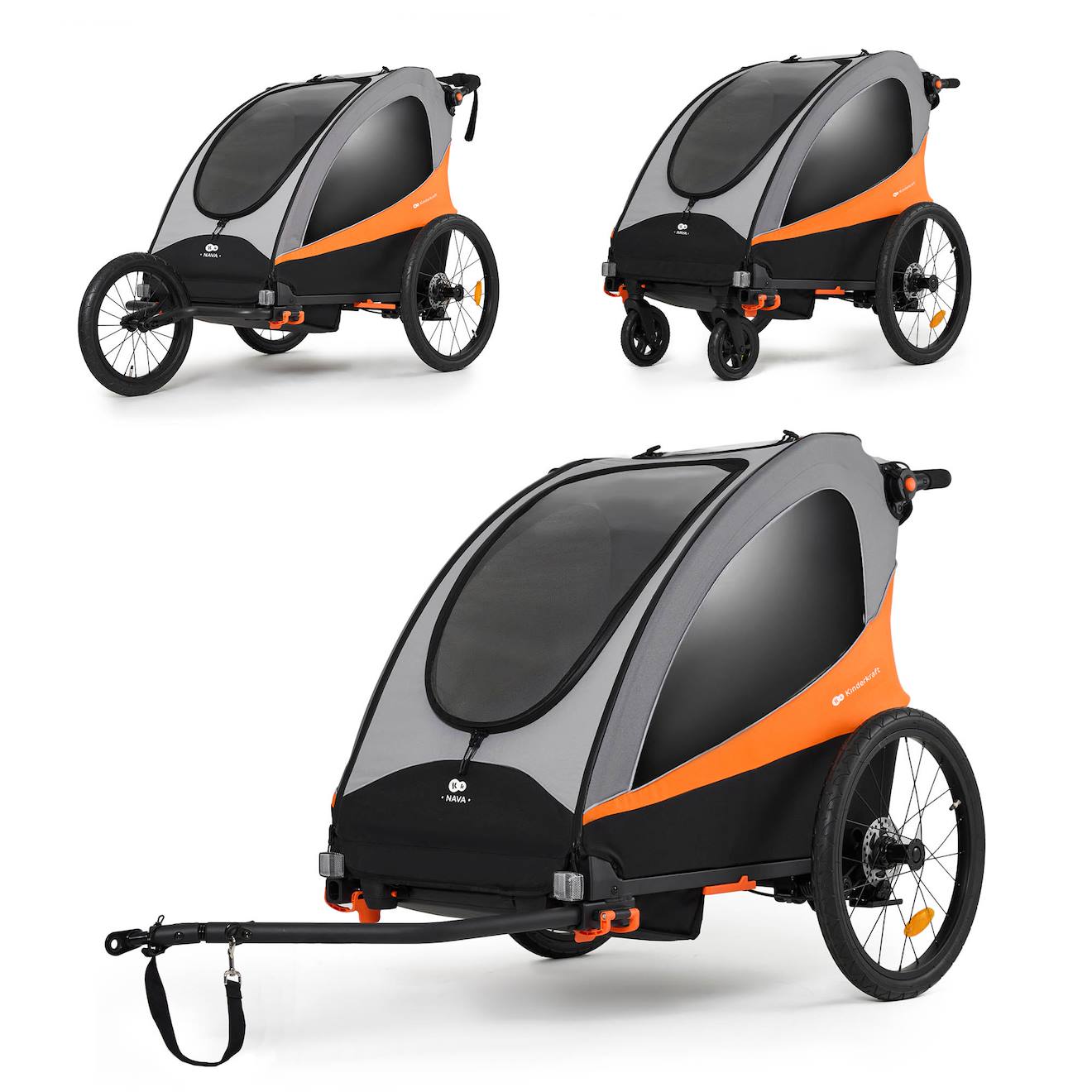 Remorque Vélo Nava 3 En 1 Avec Fonction Poussette Jogging, Roues Gonflables Et Suspension Réglable Orange
