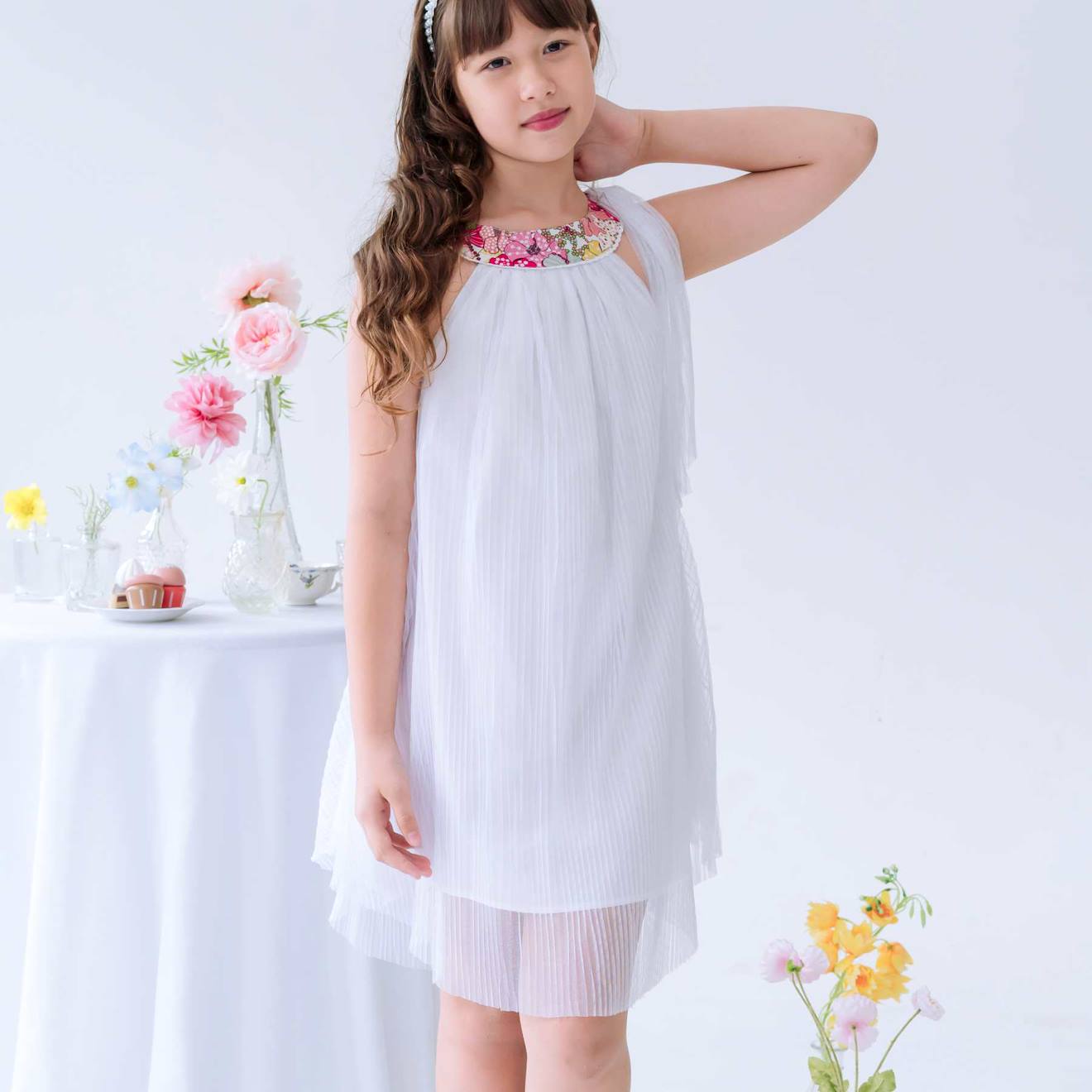 Robe Cérémonie Col Liberty Alizee Blanc Rose Floral