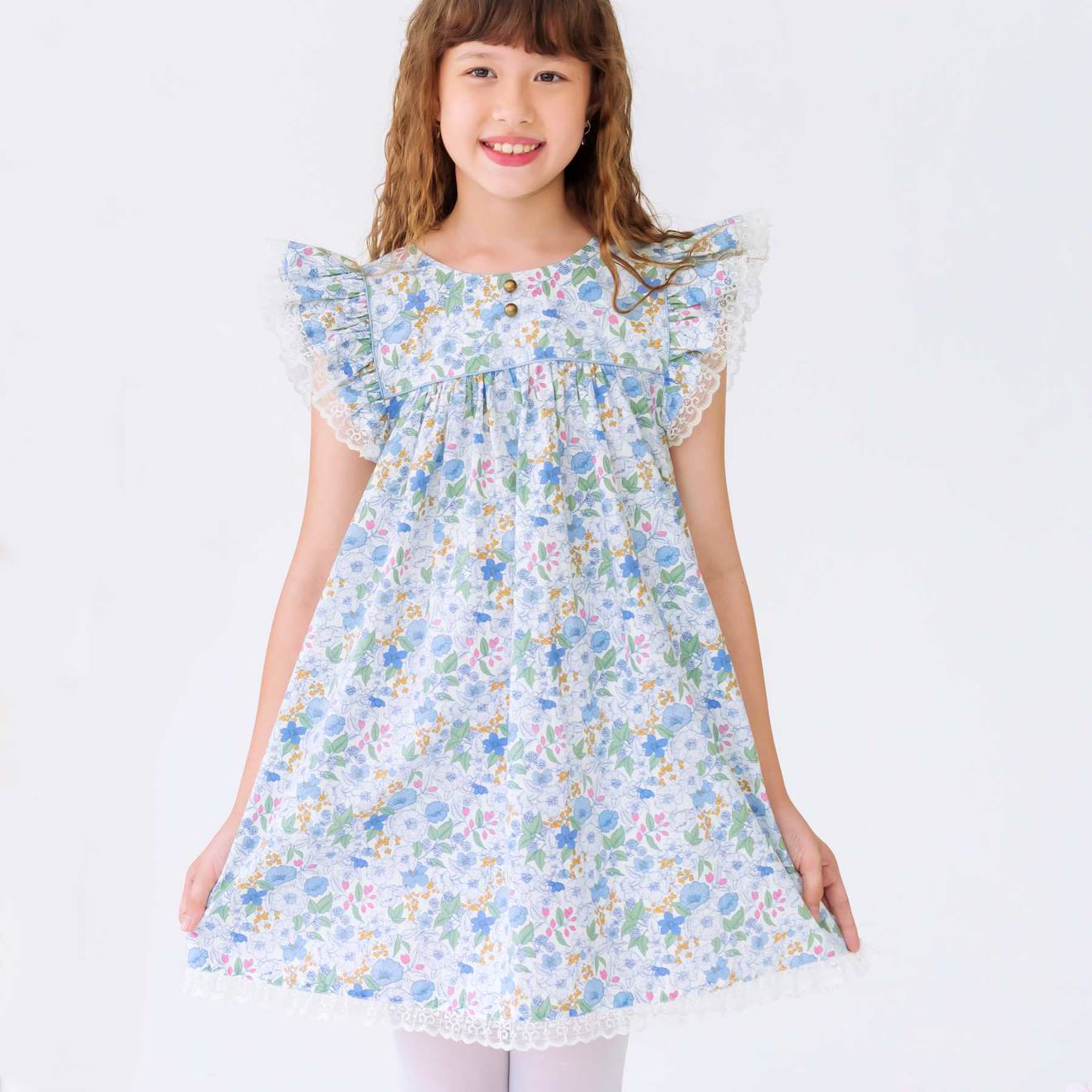 Robe Cérémonie Fleurie Liberty Appoline Bleu Fleuri Rose Vert