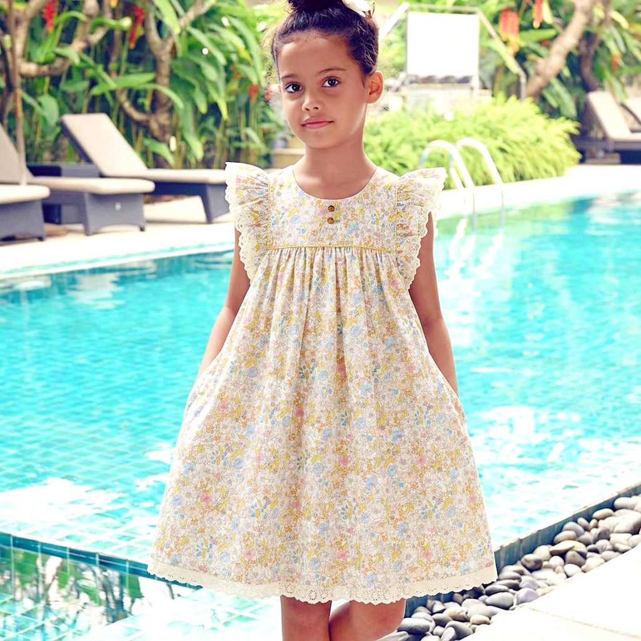 Robe Cérémonie Fleurie Liberty Appoline Jaune Rose Bleu
